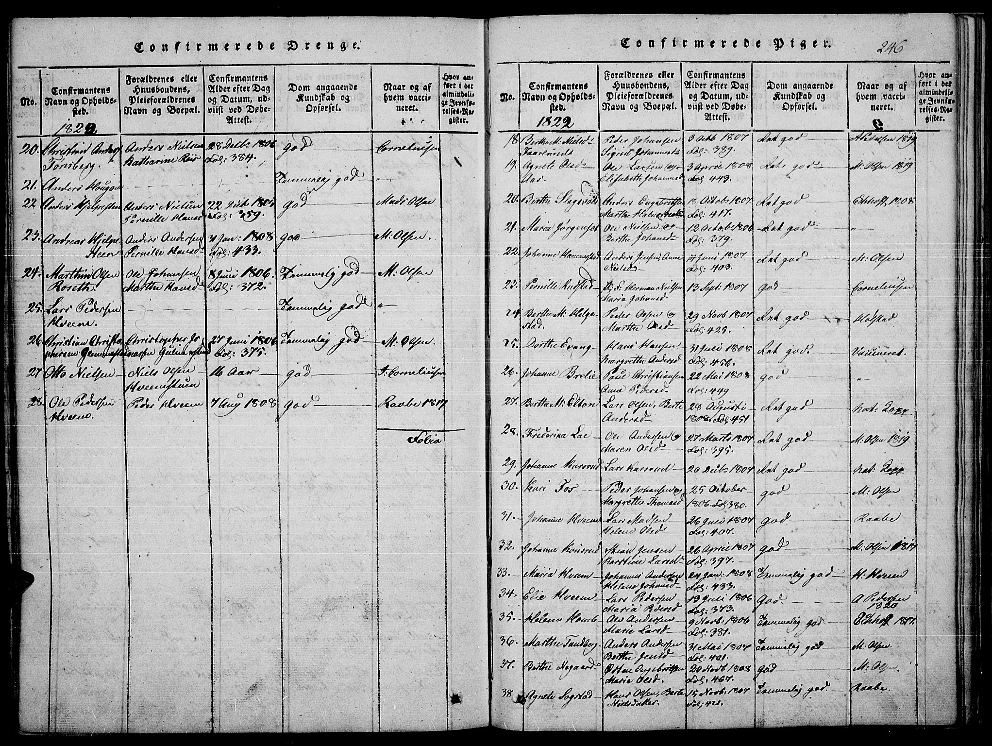 Toten prestekontor, SAH/PREST-102/H/Ha/Haa/L0010: Parish register (official) no. 10, 1820-1828, p. 246