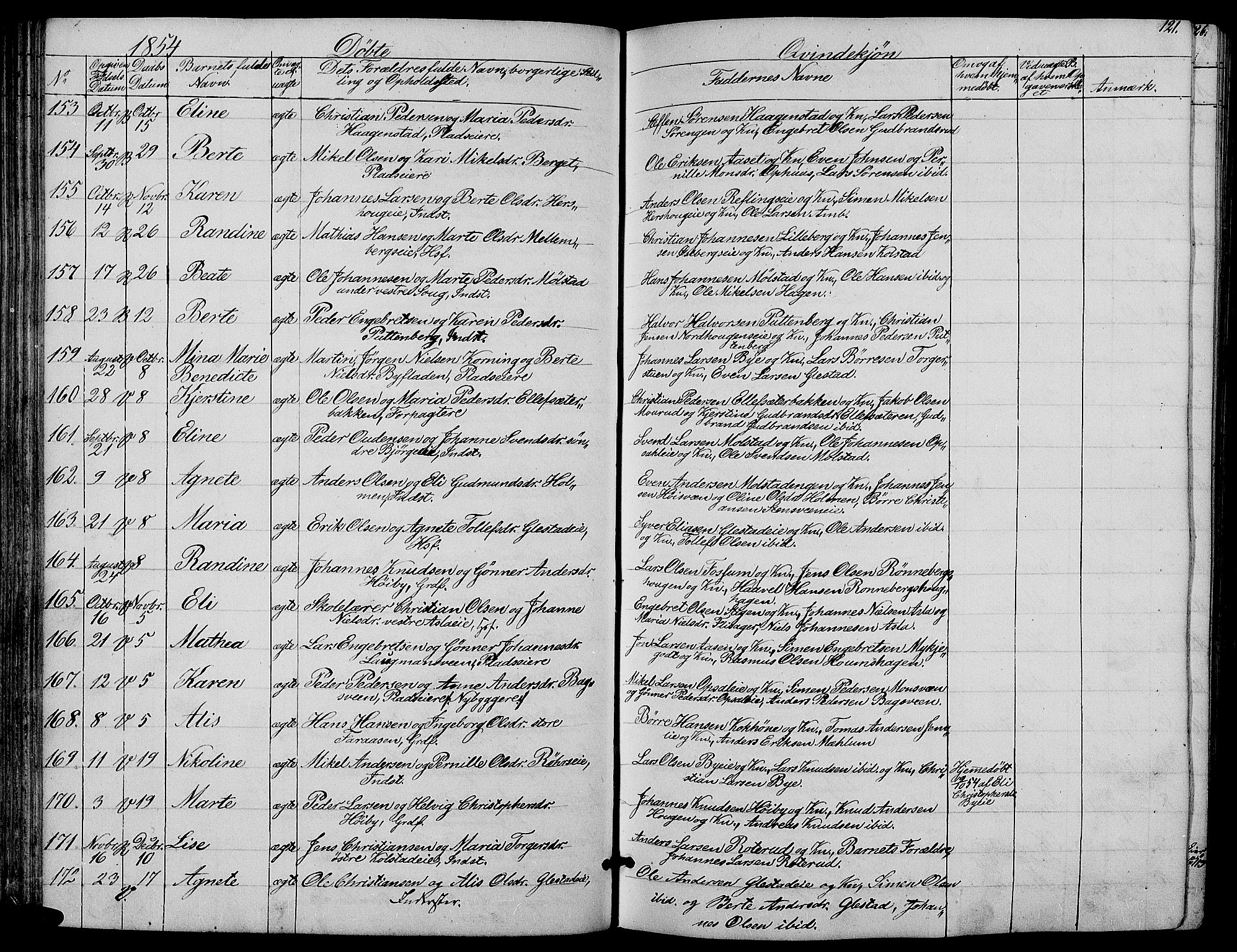 Ringsaker prestekontor, SAH/PREST-014/L/La/L0006: Parish register (copy) no. 6, 1851-1860, p. 121