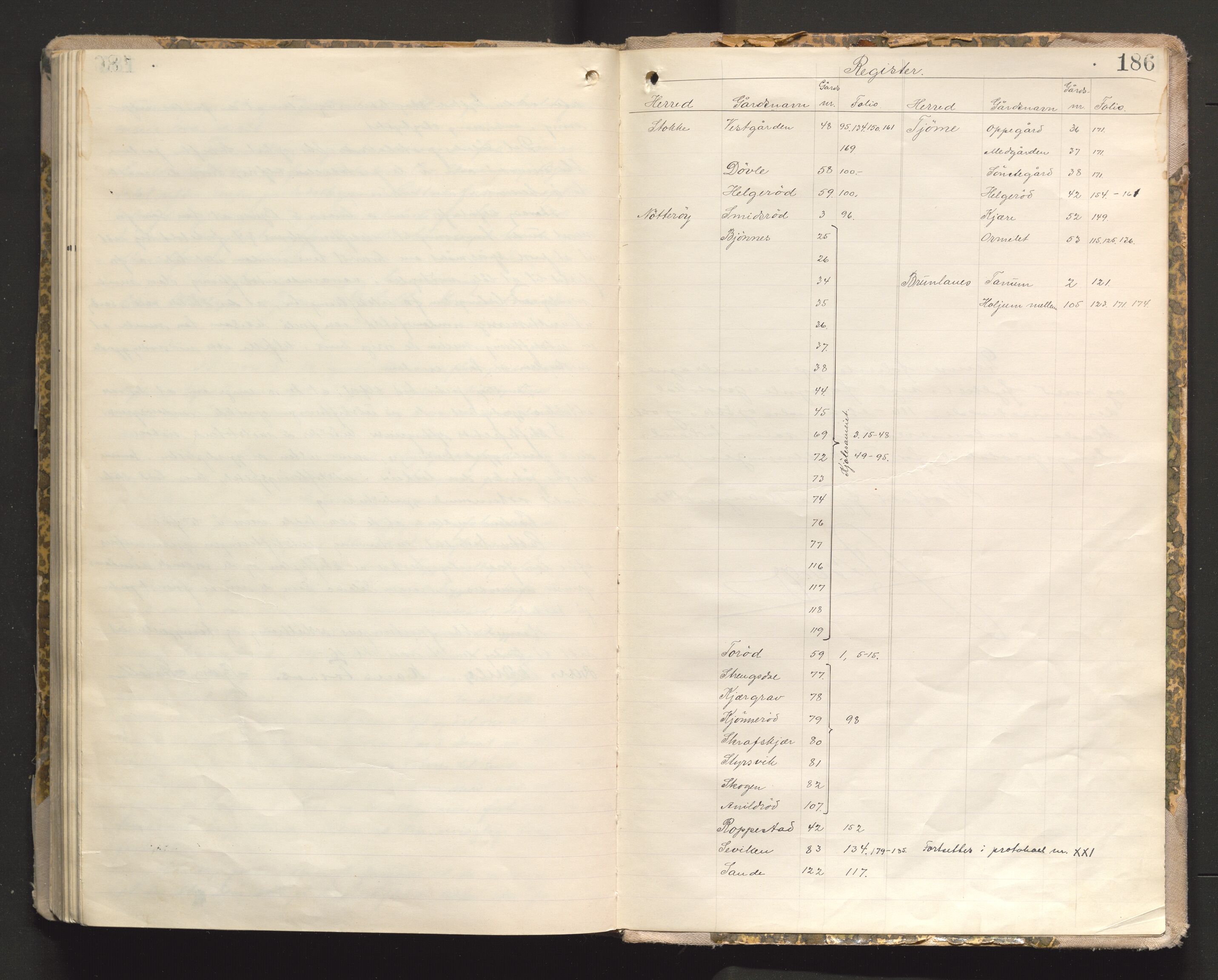 Utskiftningsvesenet i Vestfold, AV/SAKO-A-797/F/Fa/L0009: Rettsbok (forhandlingsprotokoll), 1920-1935, p. 185b-186a