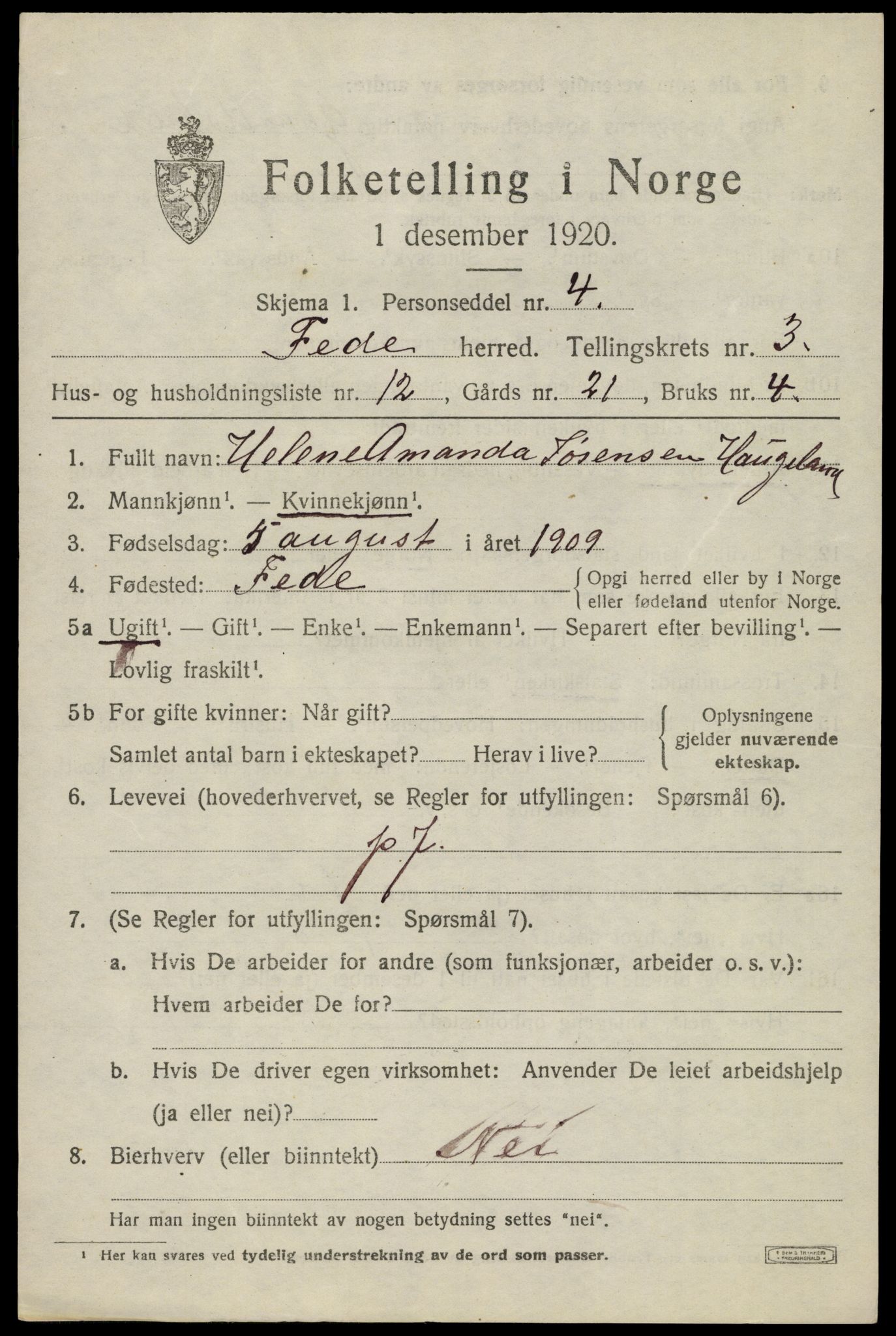 SAK, 1920 census for Feda, 1920, p. 1831