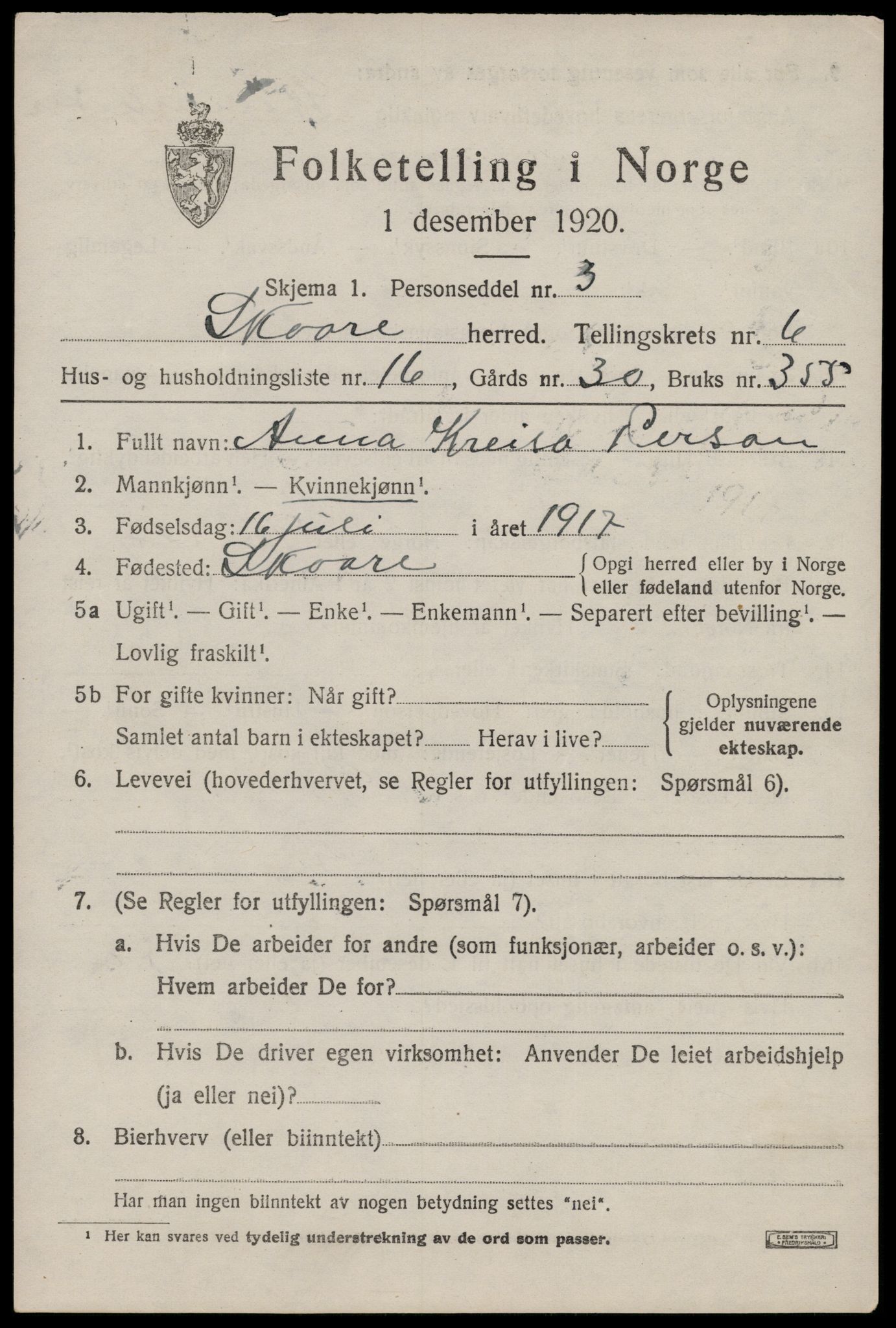 SAST, 1920 census for Skåre, 1920, p. 4056