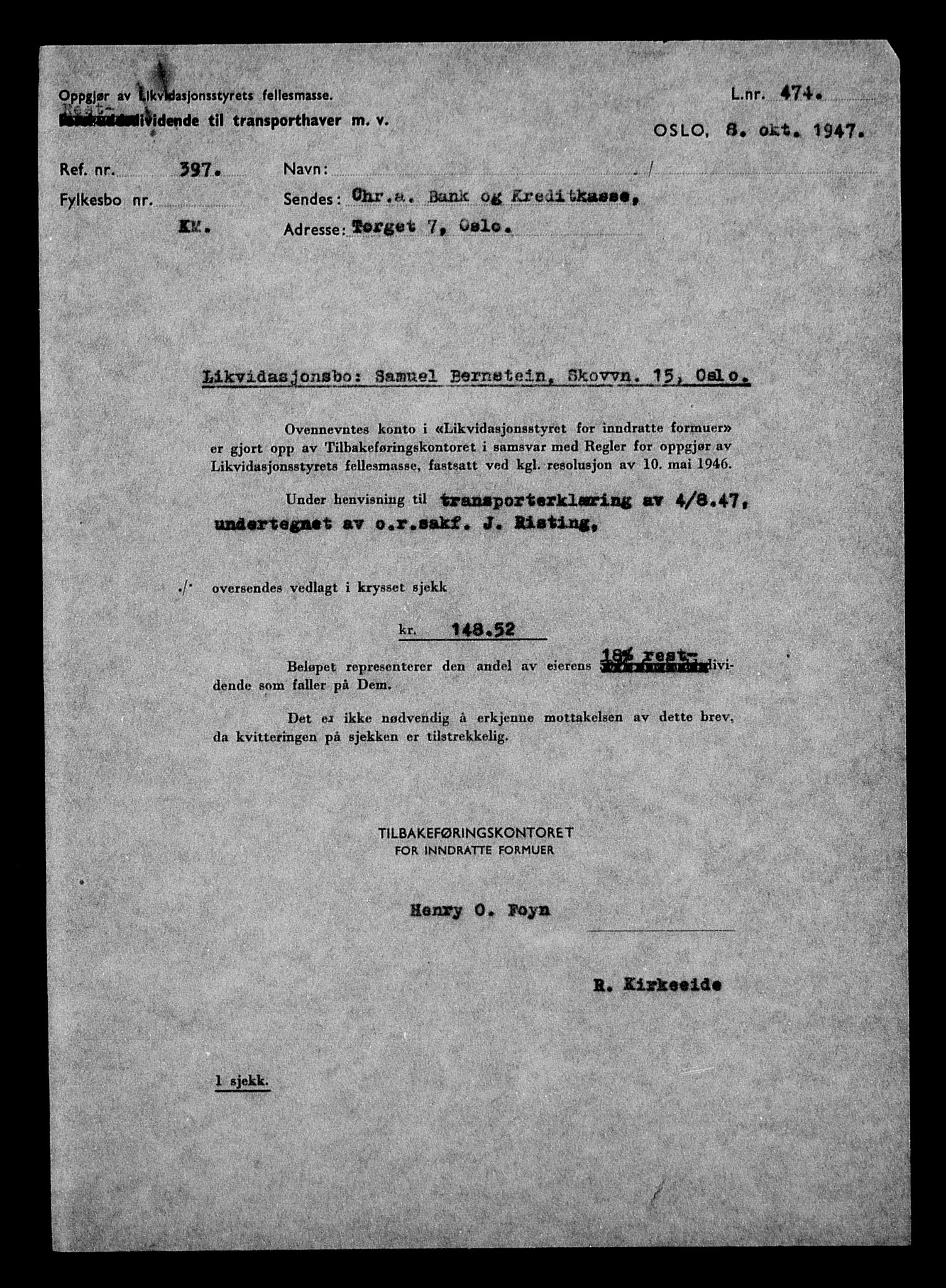 Justisdepartementet, Tilbakeføringskontoret for inndratte formuer, AV/RA-S-1564/H/Hc/Hcc/L0923: --, 1945-1947, p. 576