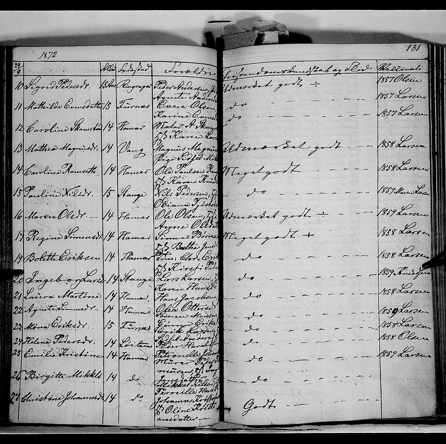 Vang prestekontor, Hedmark, AV/SAH-PREST-008/H/Ha/Haa/L0011: Parish register (official) no. 11, 1852-1877, p. 131