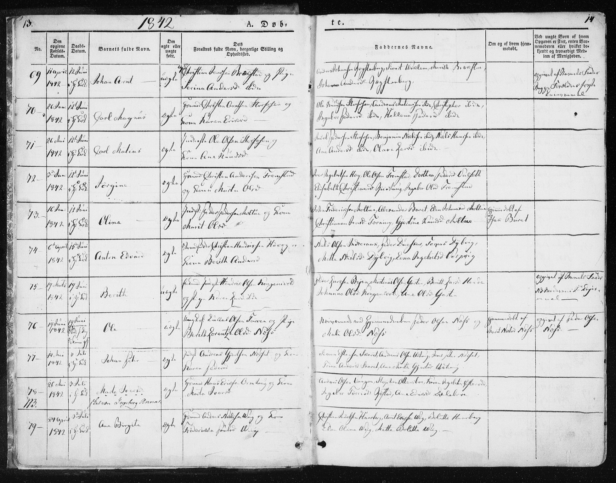 Ministerialprotokoller, klokkerbøker og fødselsregistre - Sør-Trøndelag, AV/SAT-A-1456/659/L0736: Parish register (official) no. 659A06, 1842-1856, p. 13-14