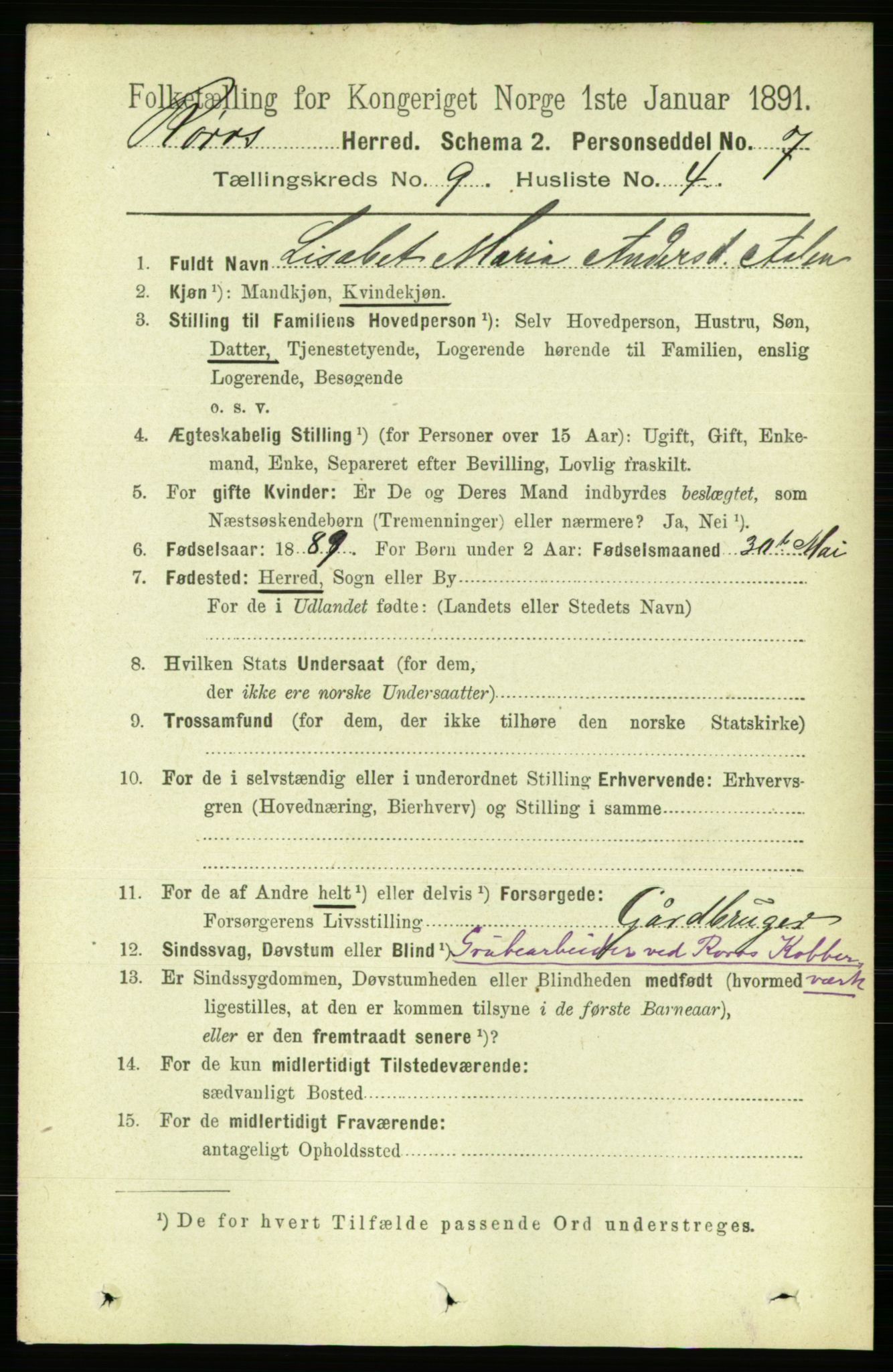 RA, 1891 census for 1640 Røros, 1891, p. 1842