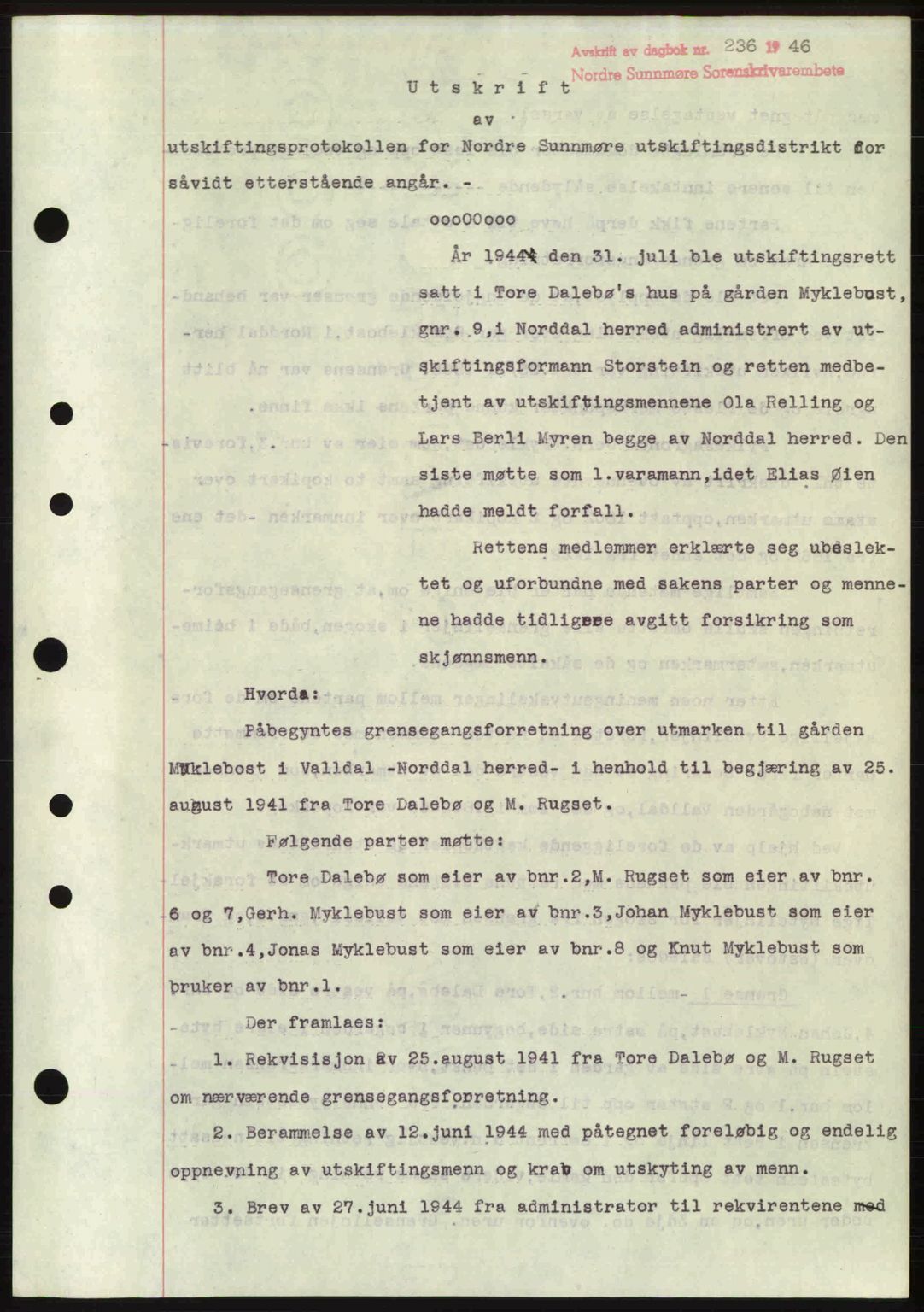 Nordre Sunnmøre sorenskriveri, AV/SAT-A-0006/1/2/2C/2Ca: Mortgage book no. A20b, 1946-1946, Diary no: : 236/1946