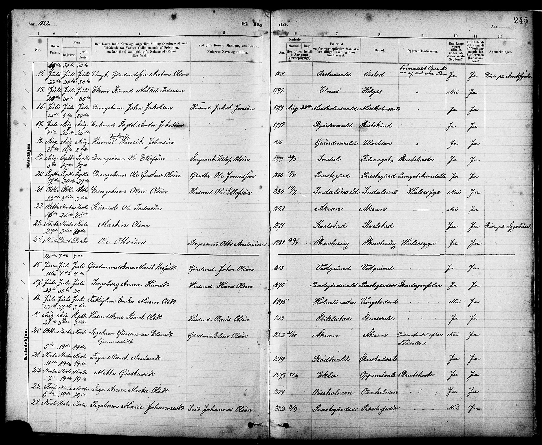 Ministerialprotokoller, klokkerbøker og fødselsregistre - Nord-Trøndelag, AV/SAT-A-1458/724/L0267: Parish register (copy) no. 724C03, 1879-1898, p. 245