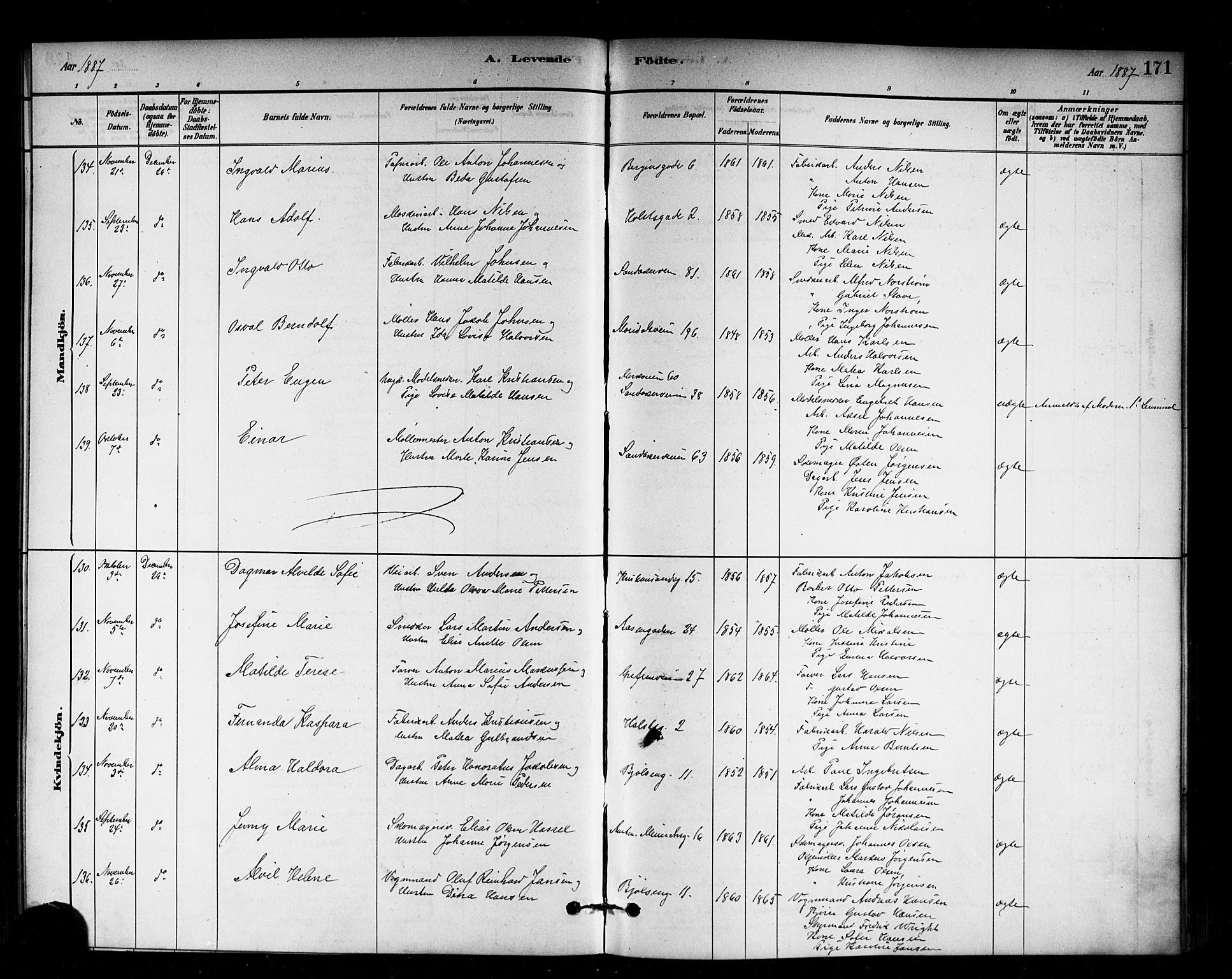 Sagene prestekontor Kirkebøker, AV/SAO-A-10796/G/L0001: Parish register (copy) no. 1, 1880-1891, p. 171