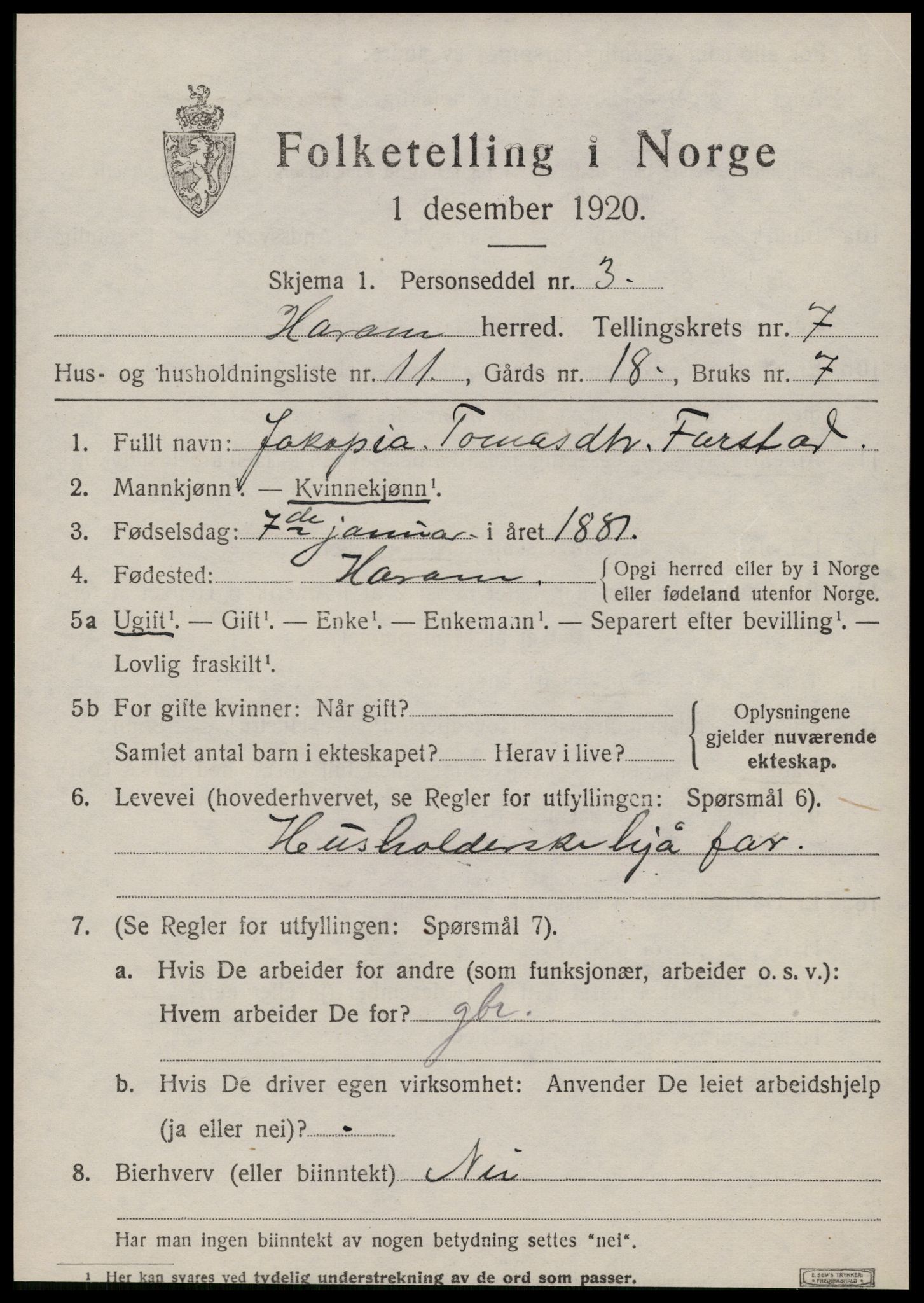 SAT, 1920 census for Haram, 1920, p. 3913