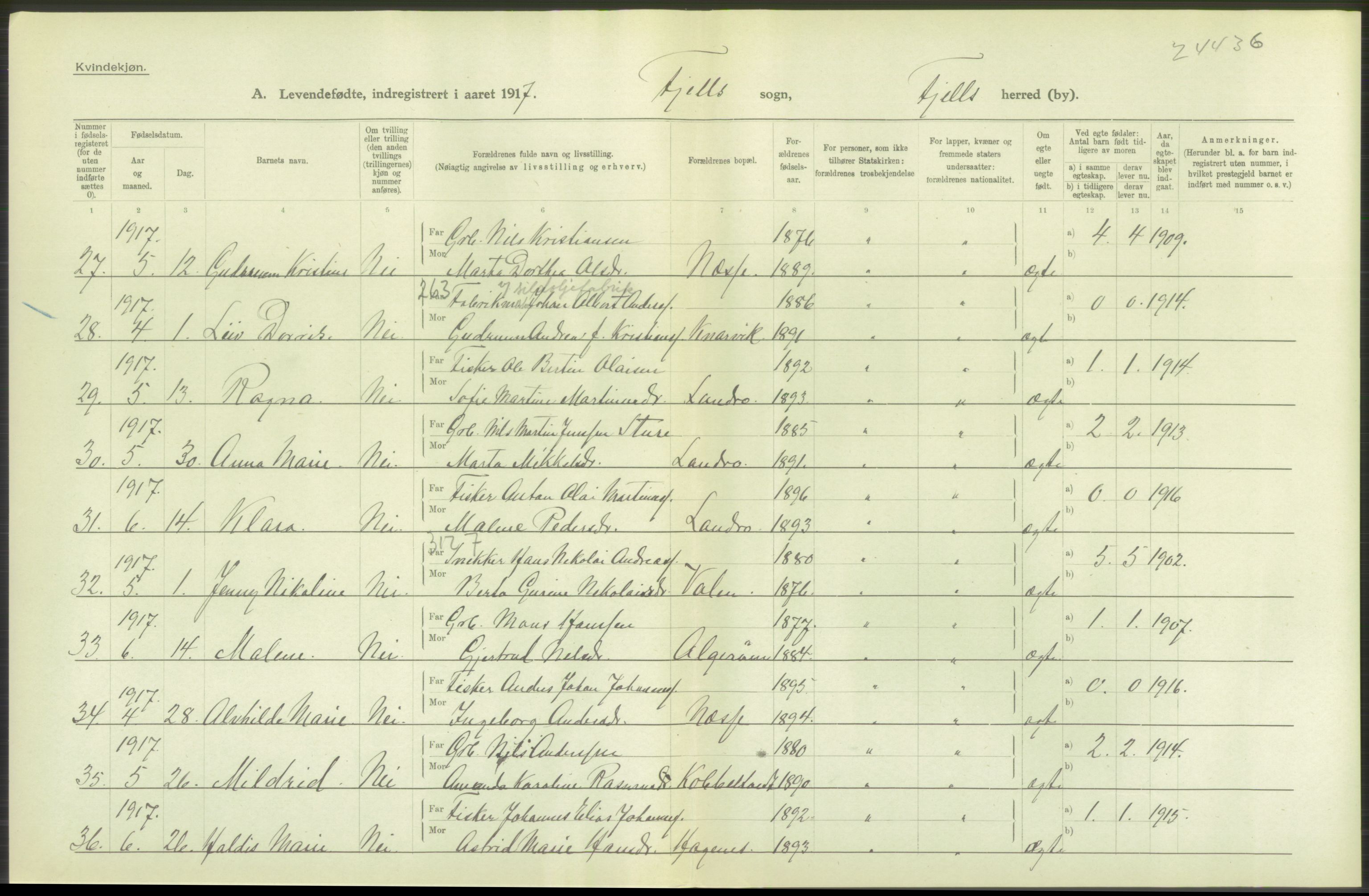 Statistisk sentralbyrå, Sosiodemografiske emner, Befolkning, RA/S-2228/D/Df/Dfb/Dfbg/L0034: S. Bergenhus amt: Levendefødte menn og kvinner. Bygder., 1917, p. 376