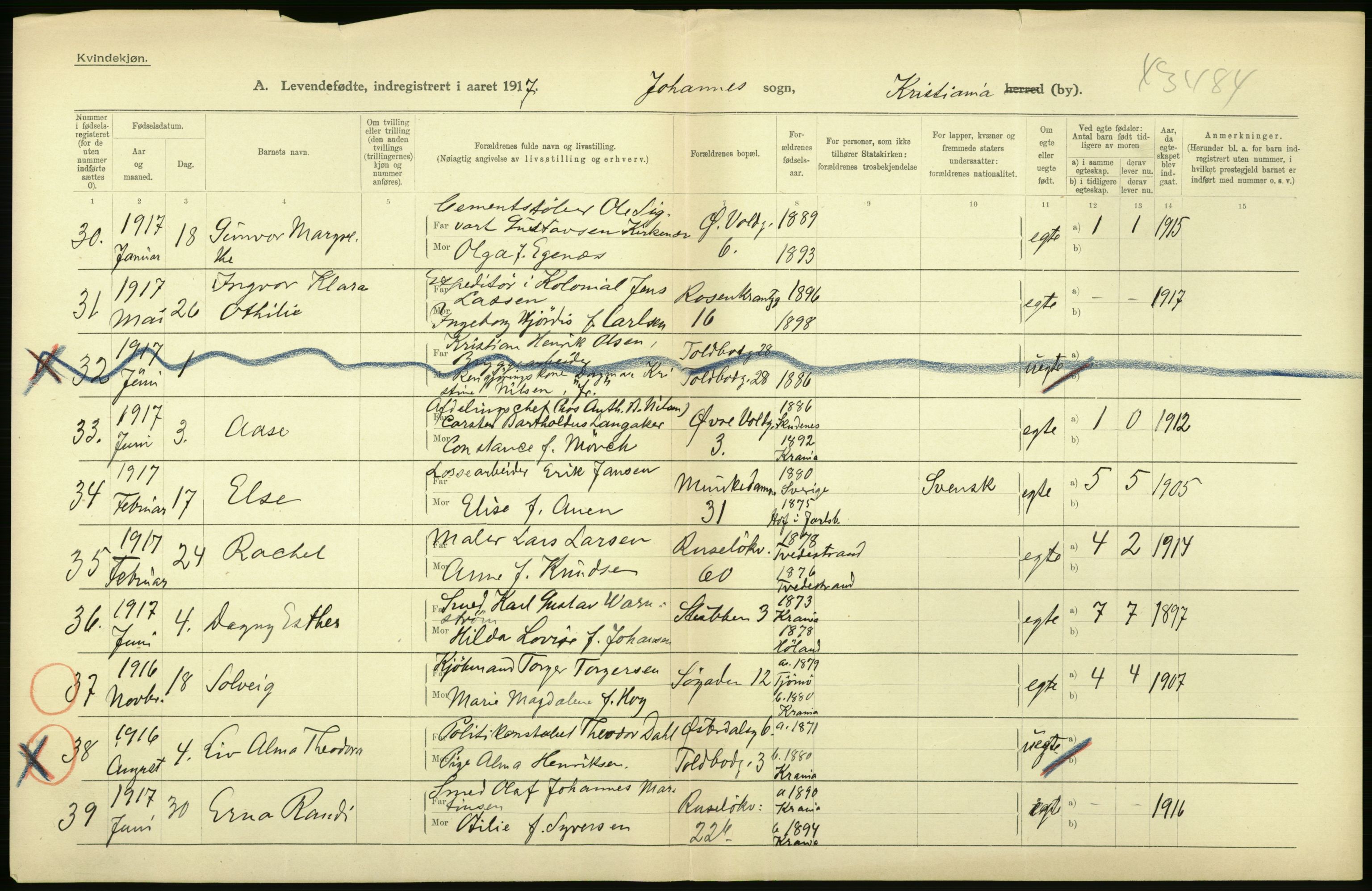 Statistisk sentralbyrå, Sosiodemografiske emner, Befolkning, AV/RA-S-2228/D/Df/Dfb/Dfbg/L0007: Kristiania: Levendefødte menn og kvinner., 1917, p. 356