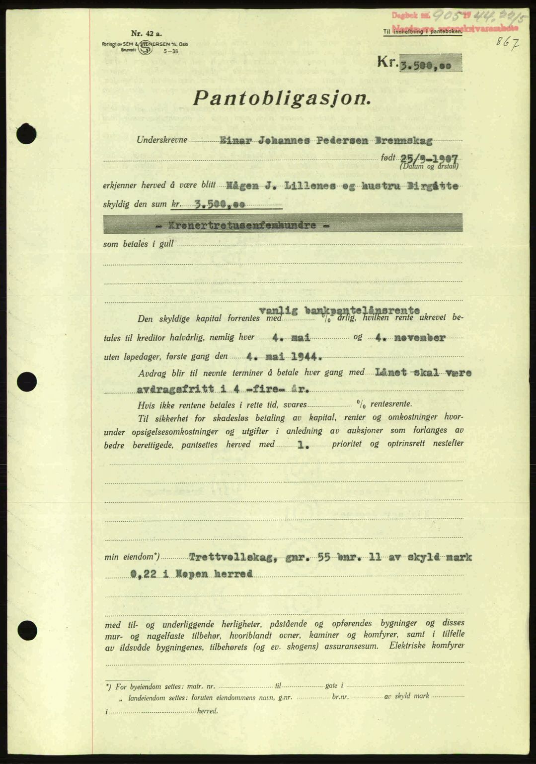 Nordmøre sorenskriveri, AV/SAT-A-4132/1/2/2Ca: Mortgage book no. B91, 1943-1944, Diary no: : 905/1944