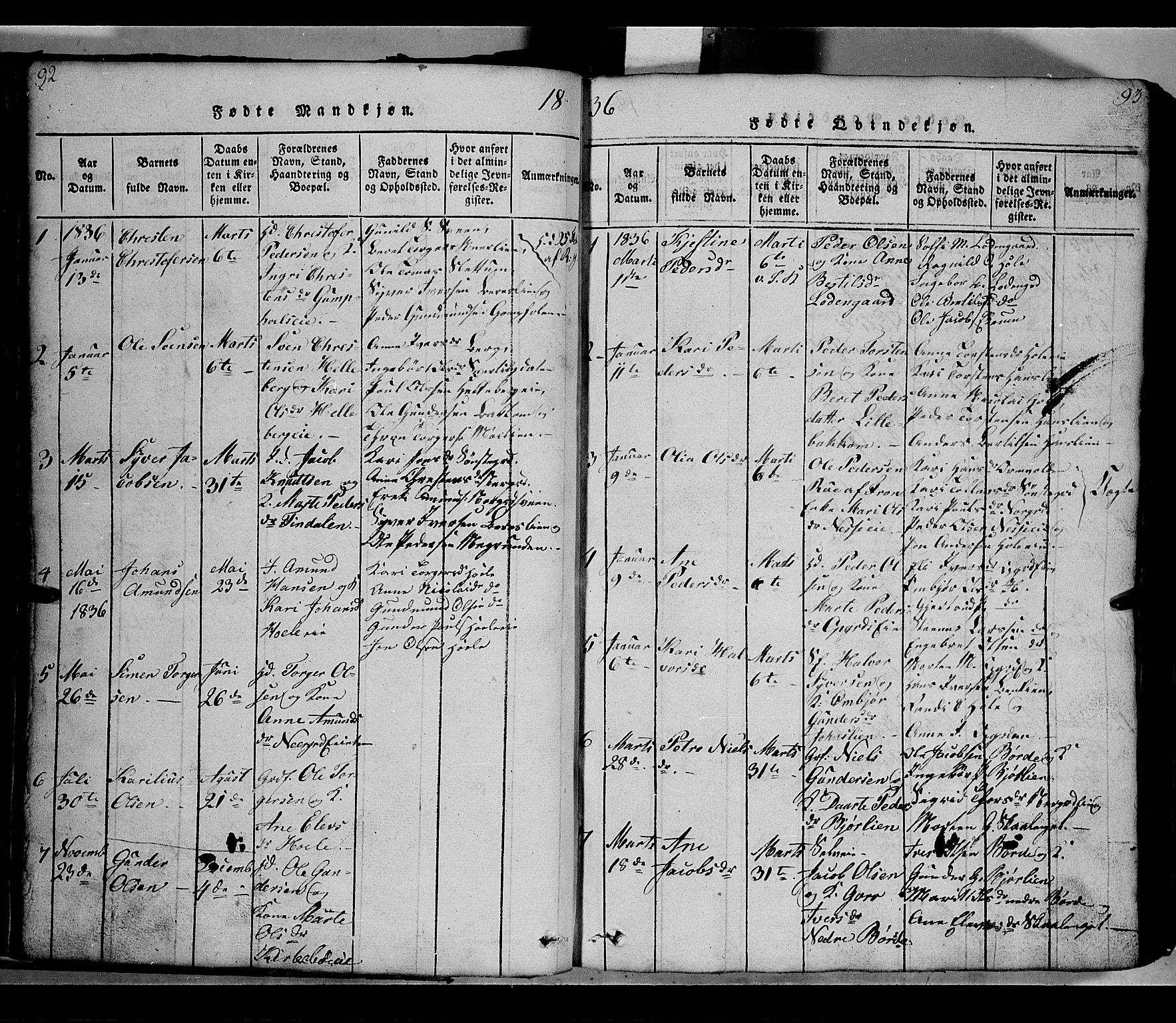 Gausdal prestekontor, AV/SAH-PREST-090/H/Ha/Hab/L0002: Parish register (copy) no. 2, 1818-1874, p. 92-93