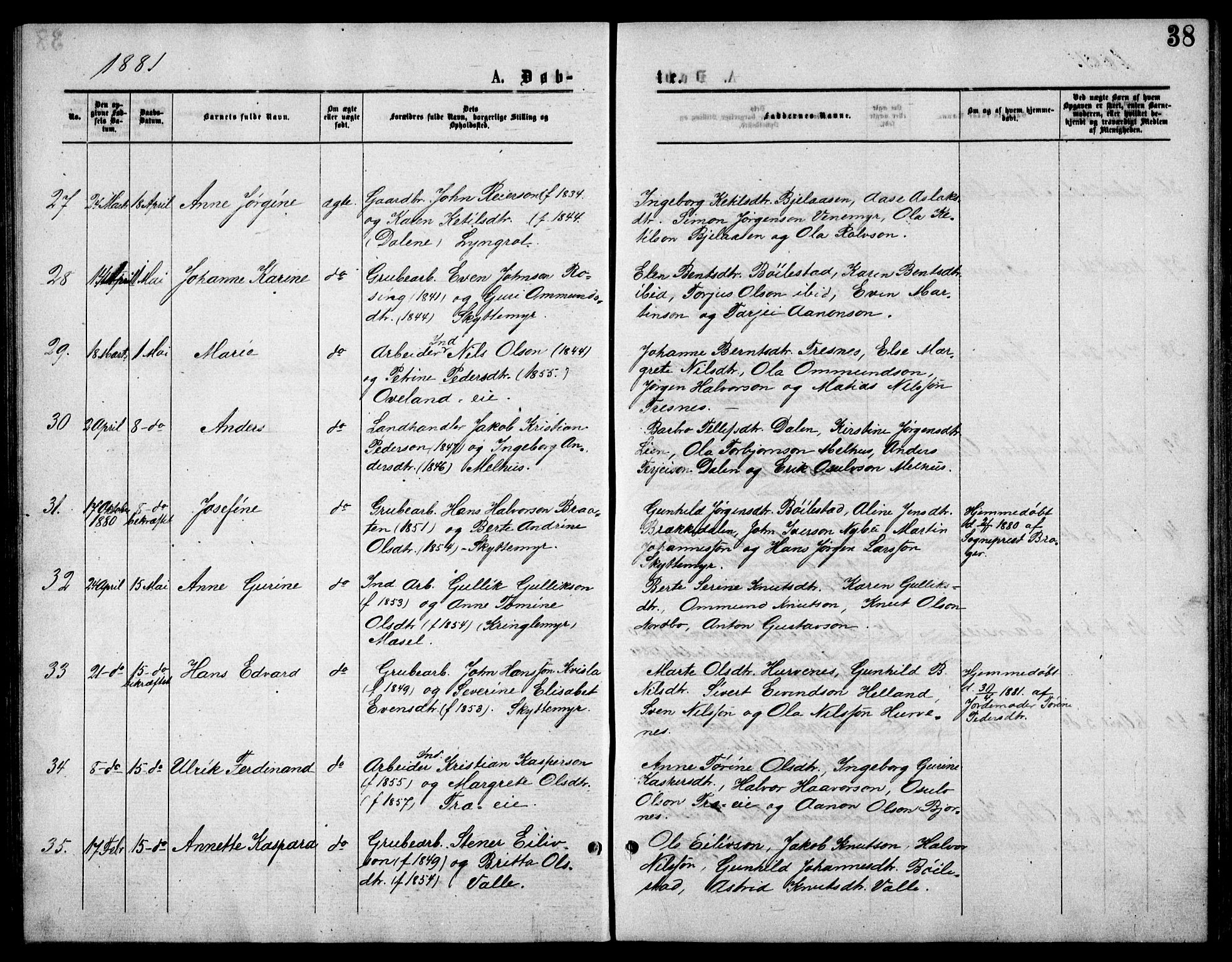 Froland sokneprestkontor, SAK/1111-0013/F/Fb/L0009: Parish register (copy) no. B 9, 1875-1893, p. 38