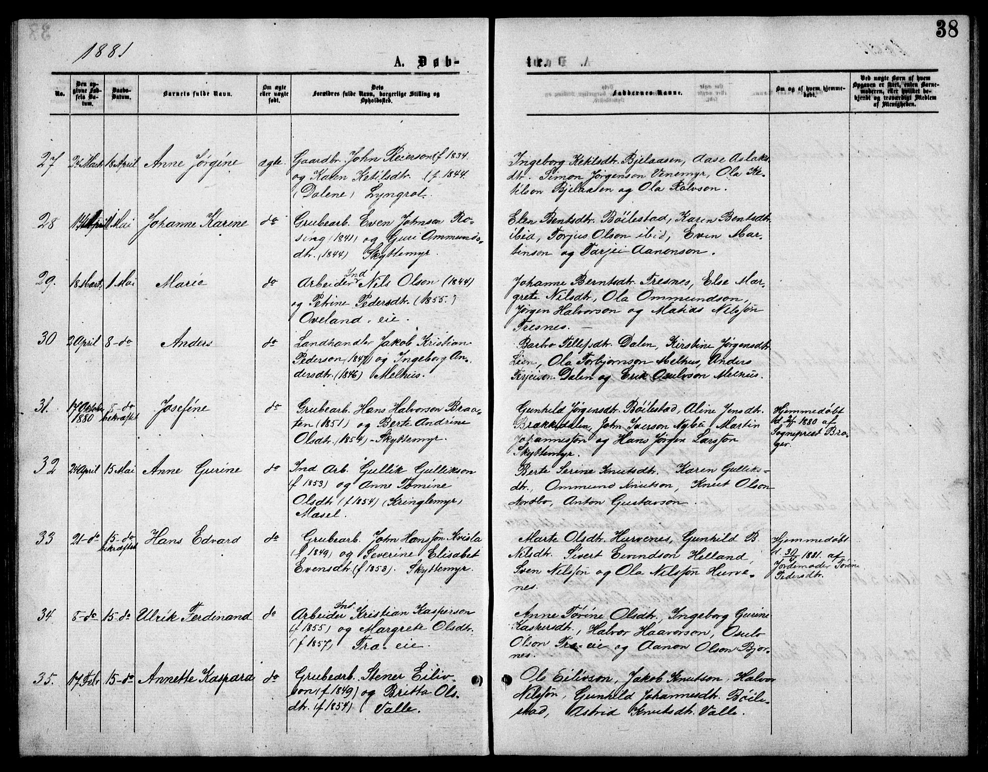 Froland sokneprestkontor, AV/SAK-1111-0013/F/Fb/L0009: Parish register (copy) no. B 9, 1875-1893, p. 38