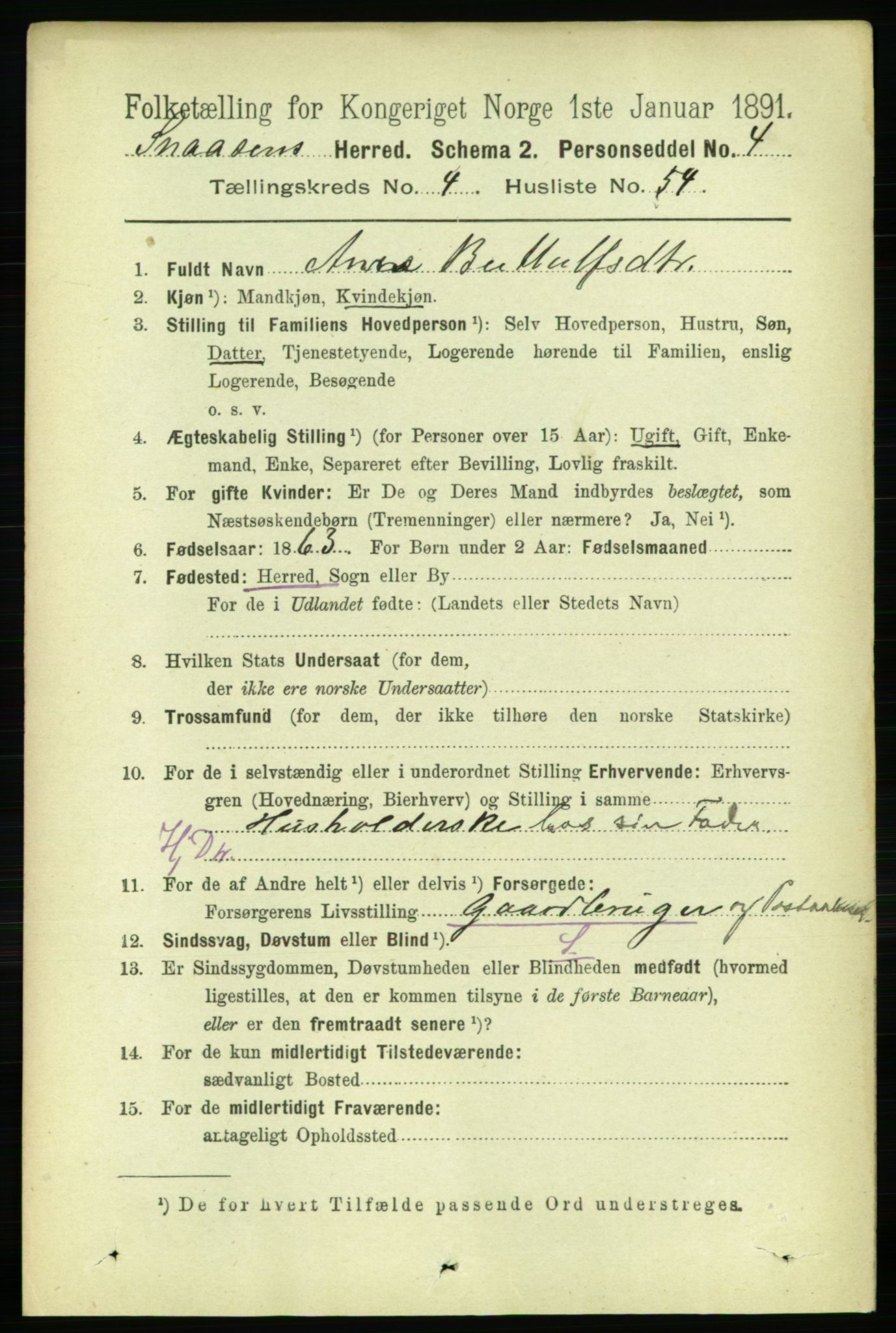 RA, 1891 census for 1736 Snåsa, 1891, p. 1406