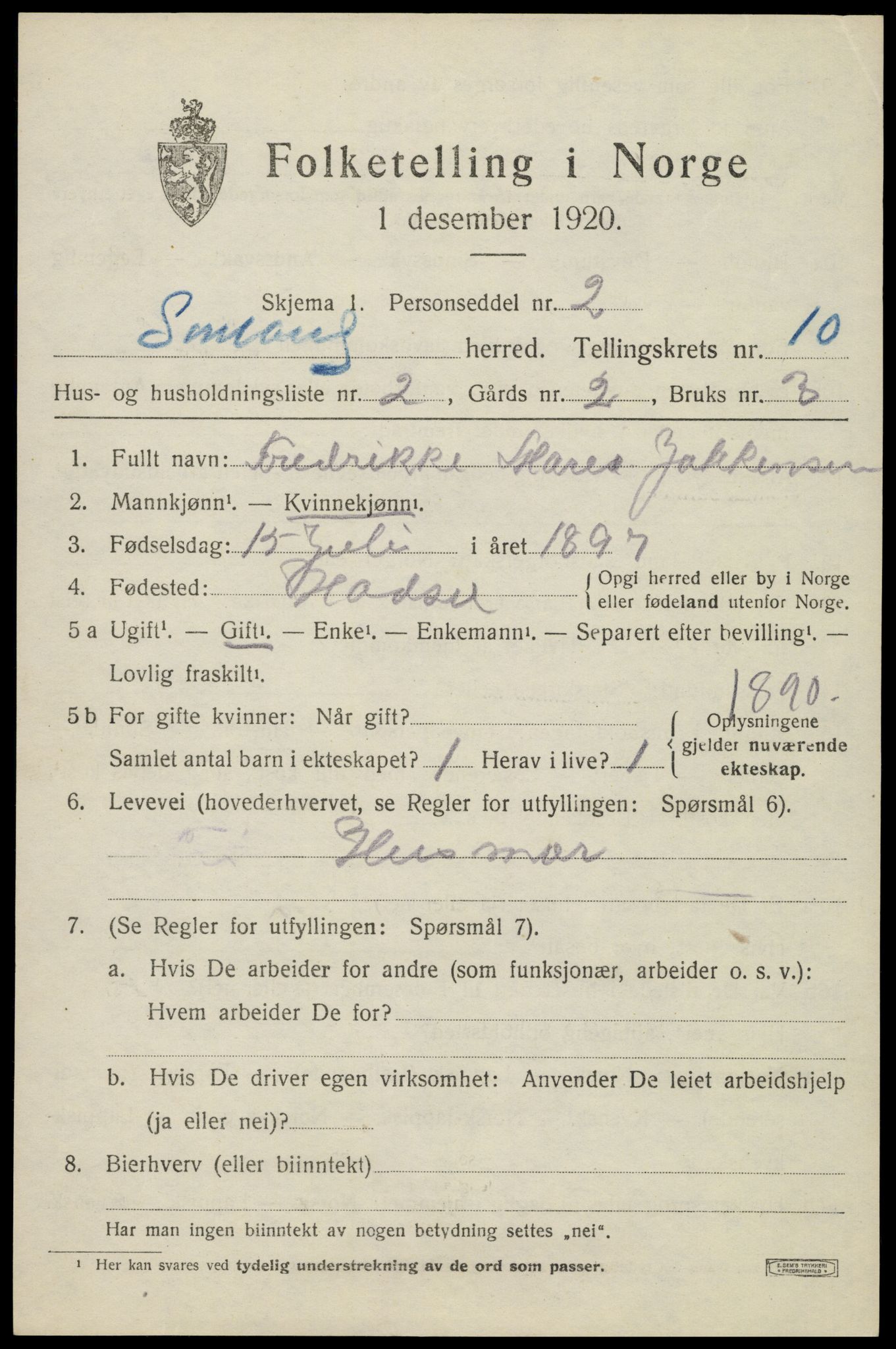 SAT, 1920 census for Sortland, 1920, p. 7626