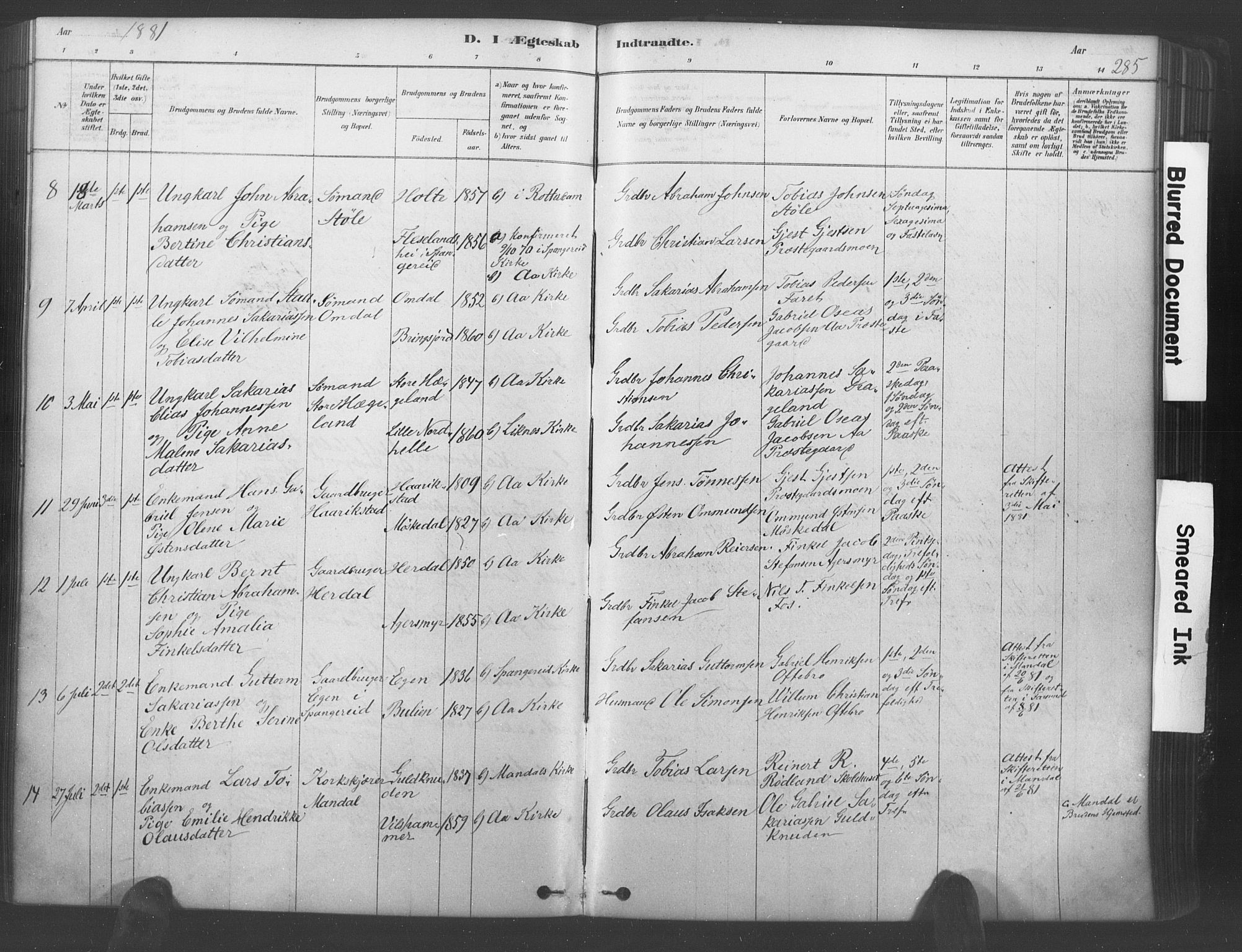 Lyngdal sokneprestkontor, AV/SAK-1111-0029/F/Fa/Fac/L0011: Parish register (official) no. A 11, 1878-1893, p. 285