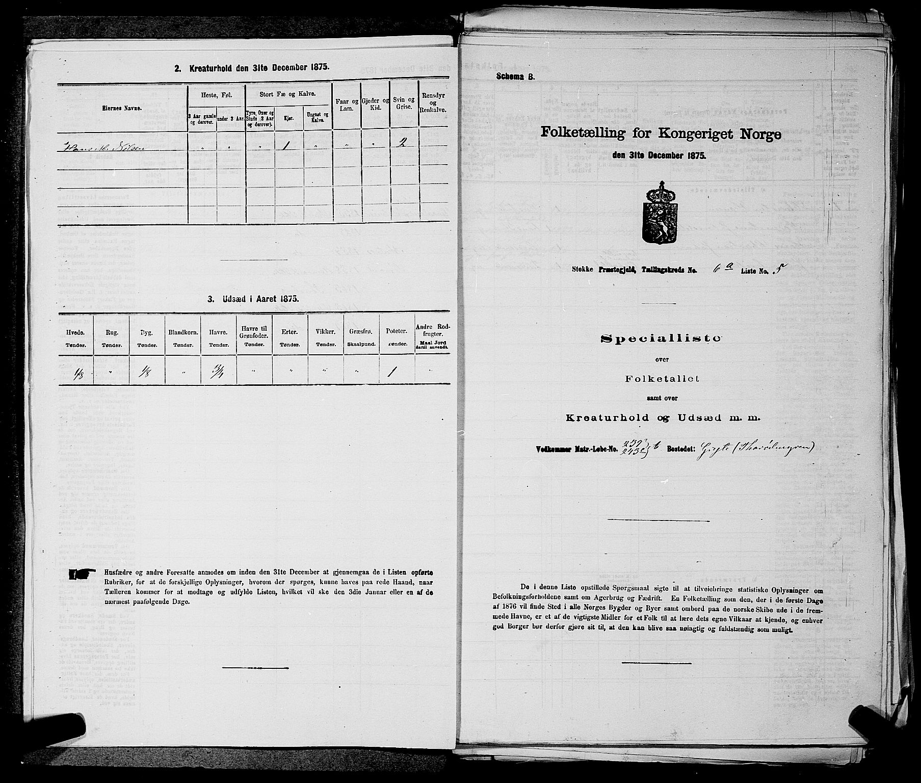 SAKO, 1875 census for 0720P Stokke, 1875, p. 1252