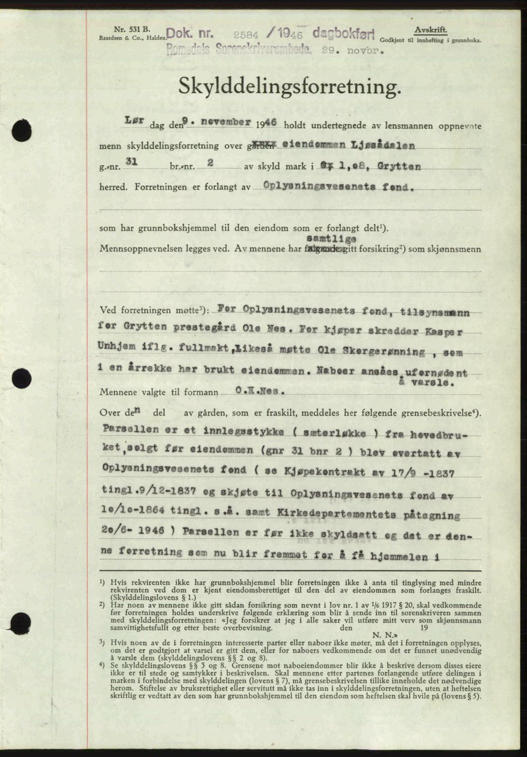 Romsdal sorenskriveri, AV/SAT-A-4149/1/2/2C: Mortgage book no. A21, 1946-1946, Diary no: : 2584/1946