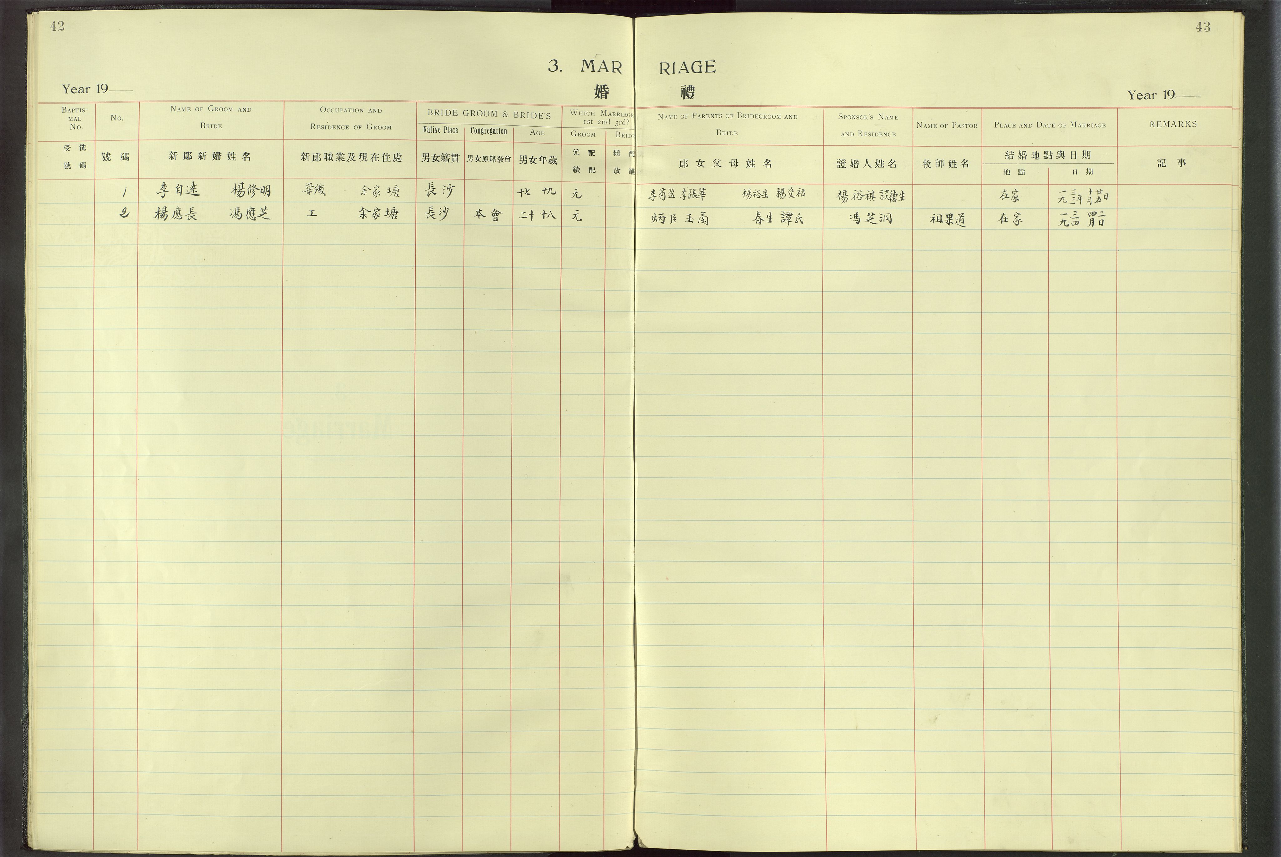 Det Norske Misjonsselskap - utland - Kina (Hunan), VID/MA-A-1065/Dm/L0016: Parish register (official) no. -, 1912-1948, p. 42-43