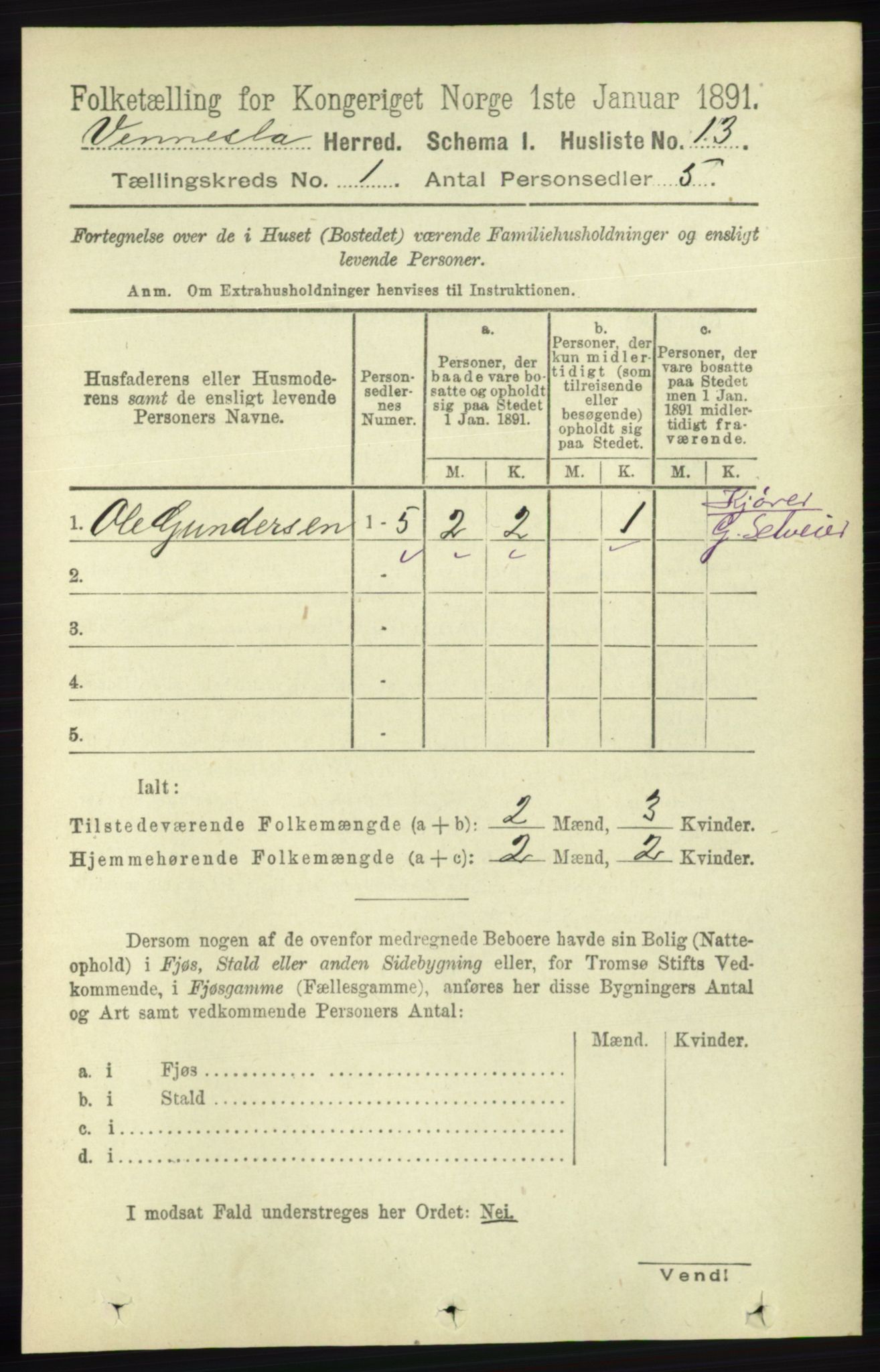 RA, 1891 census for 1014 Vennesla, 1891, p. 30