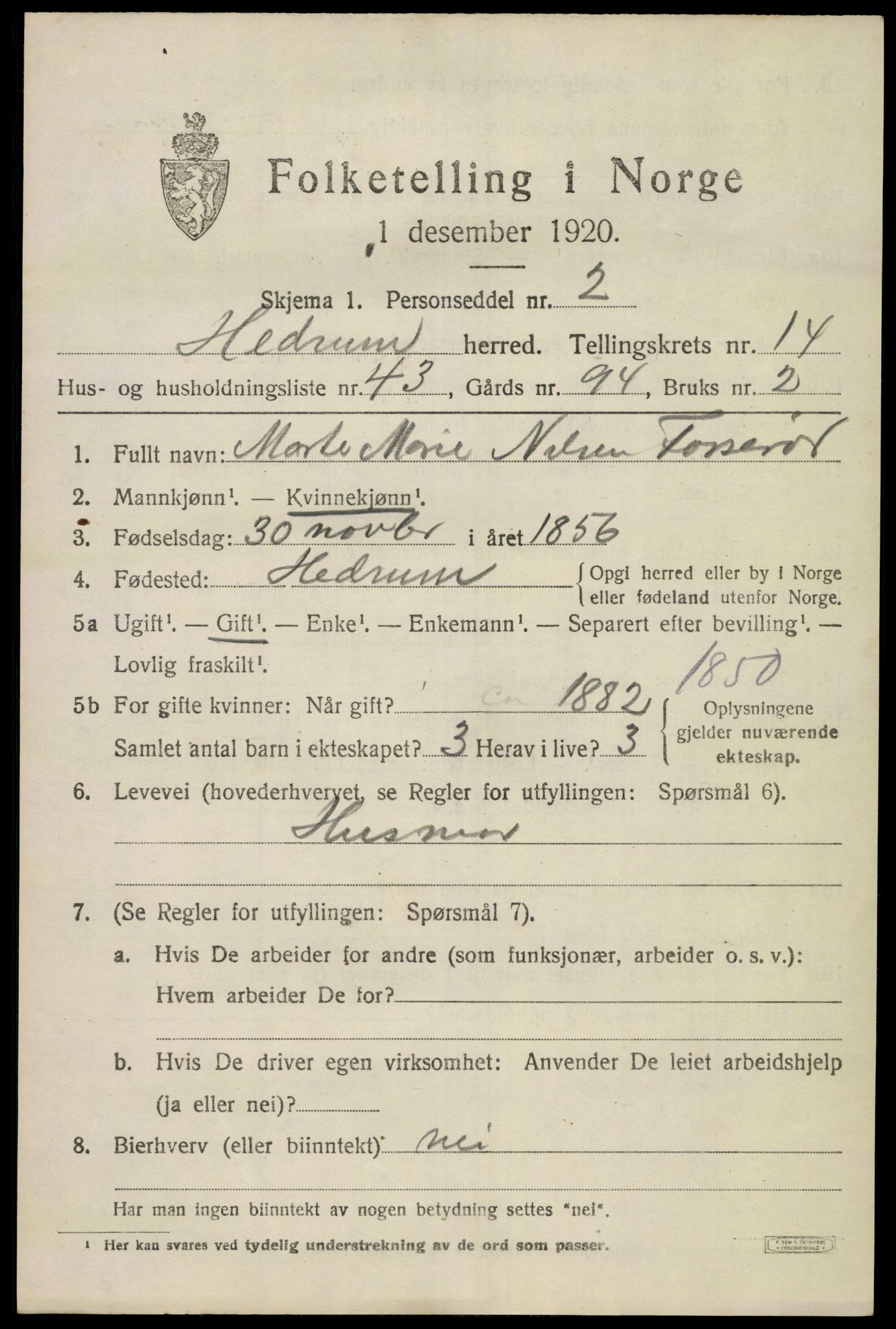 SAKO, 1920 census for Hedrum, 1920, p. 9579