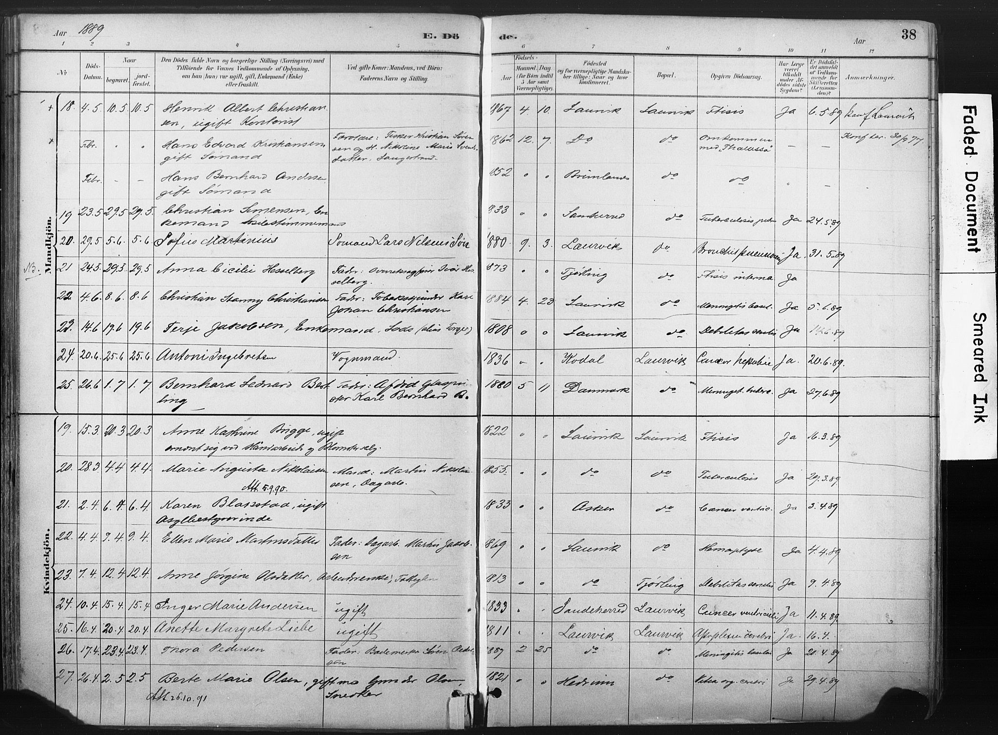 Larvik kirkebøker, AV/SAKO-A-352/F/Fa/L0010: Parish register (official) no. I 10, 1884-1910, p. 38