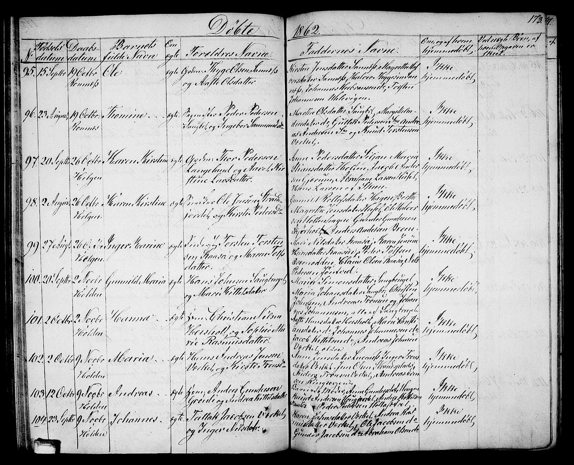 Holla kirkebøker, AV/SAKO-A-272/G/Ga/L0003: Parish register (copy) no. I 3, 1849-1866, p. 173