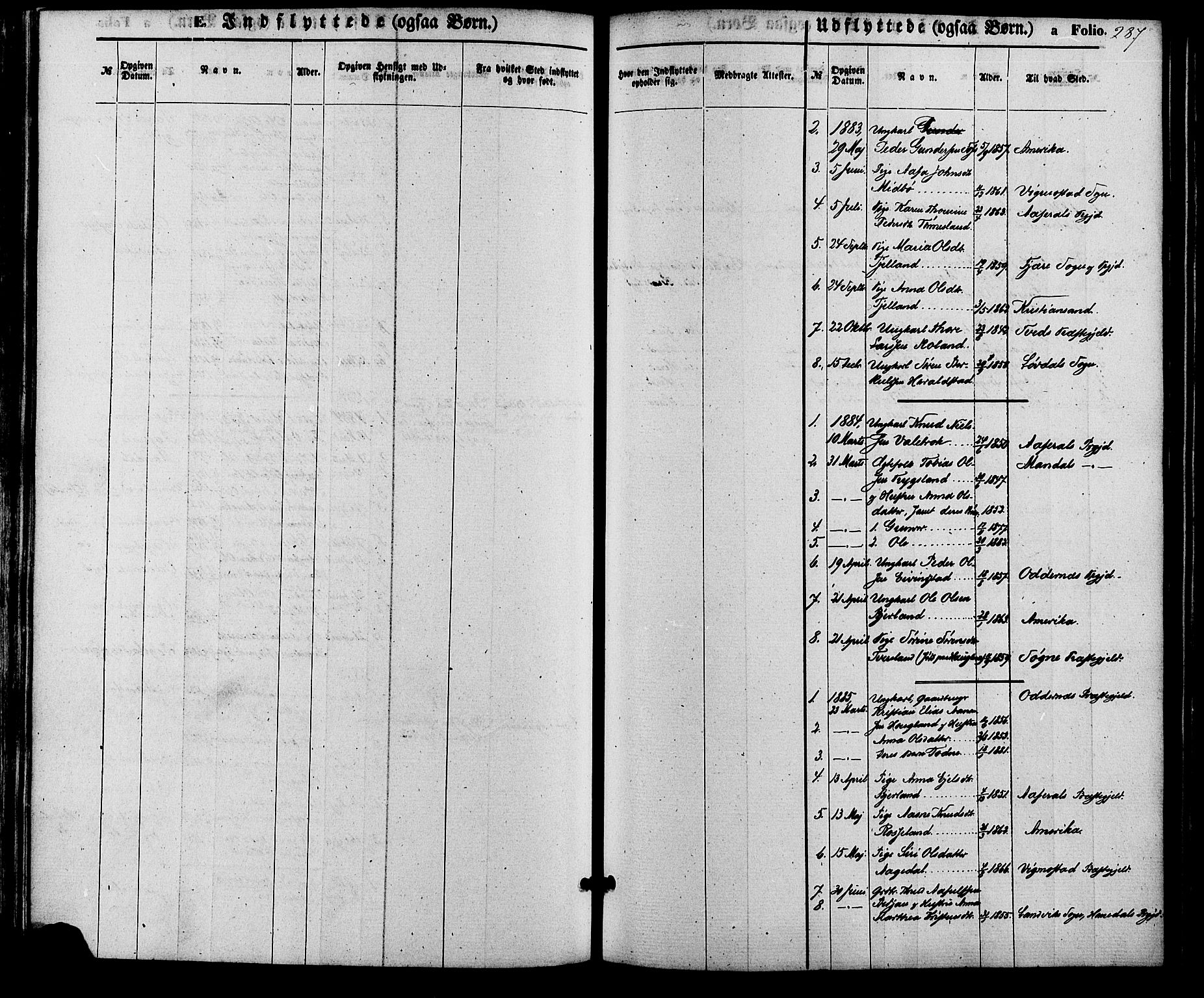 Bjelland sokneprestkontor, SAK/1111-0005/F/Fa/Faa/L0003: Parish register (official) no. A 3, 1867-1887, p. 287