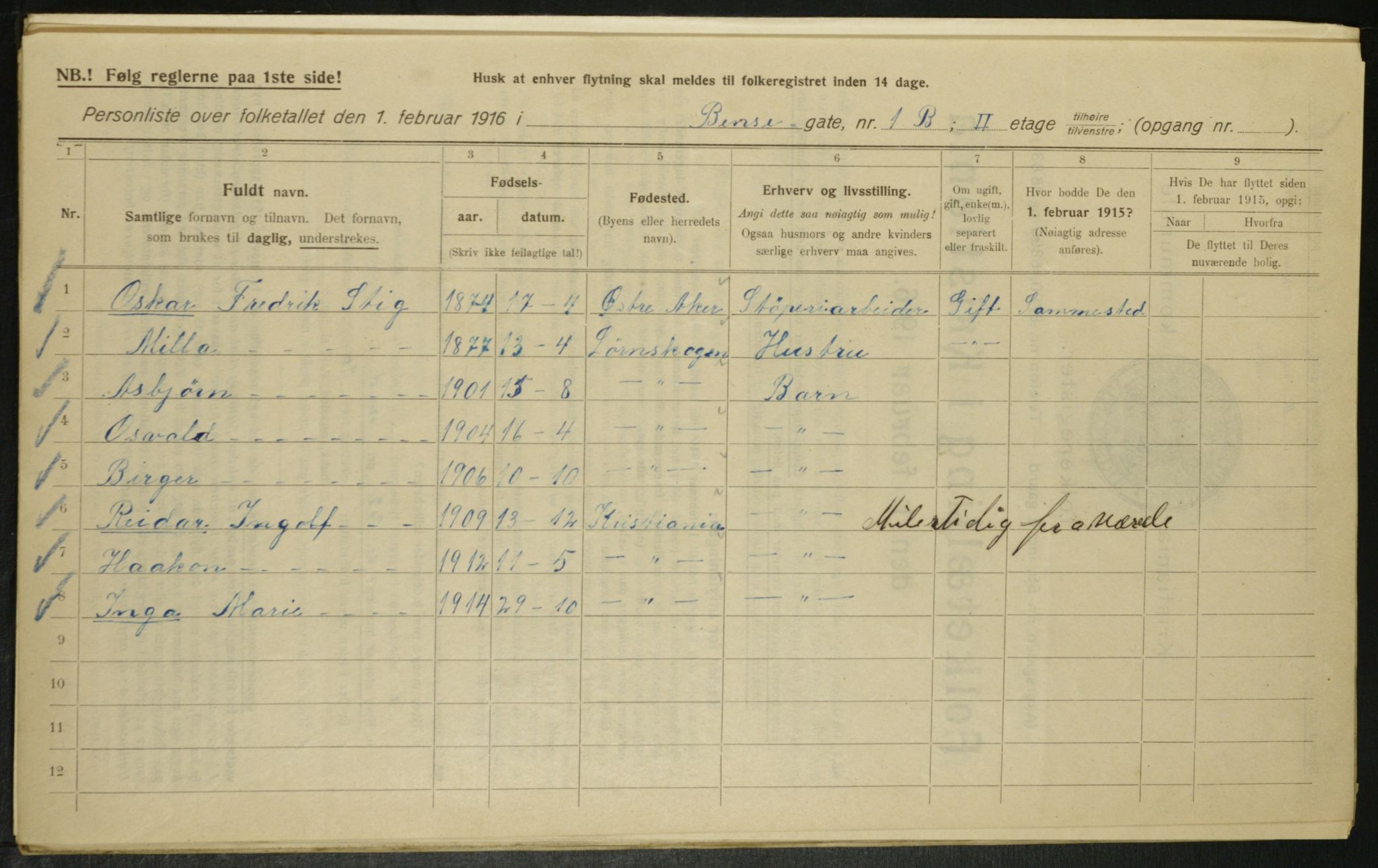 OBA, Municipal Census 1916 for Kristiania, 1916, p. 3585