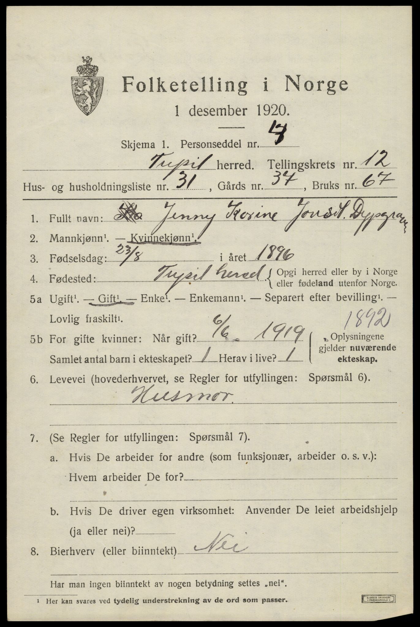 SAH, 1920 census for Trysil, 1920, p. 7553