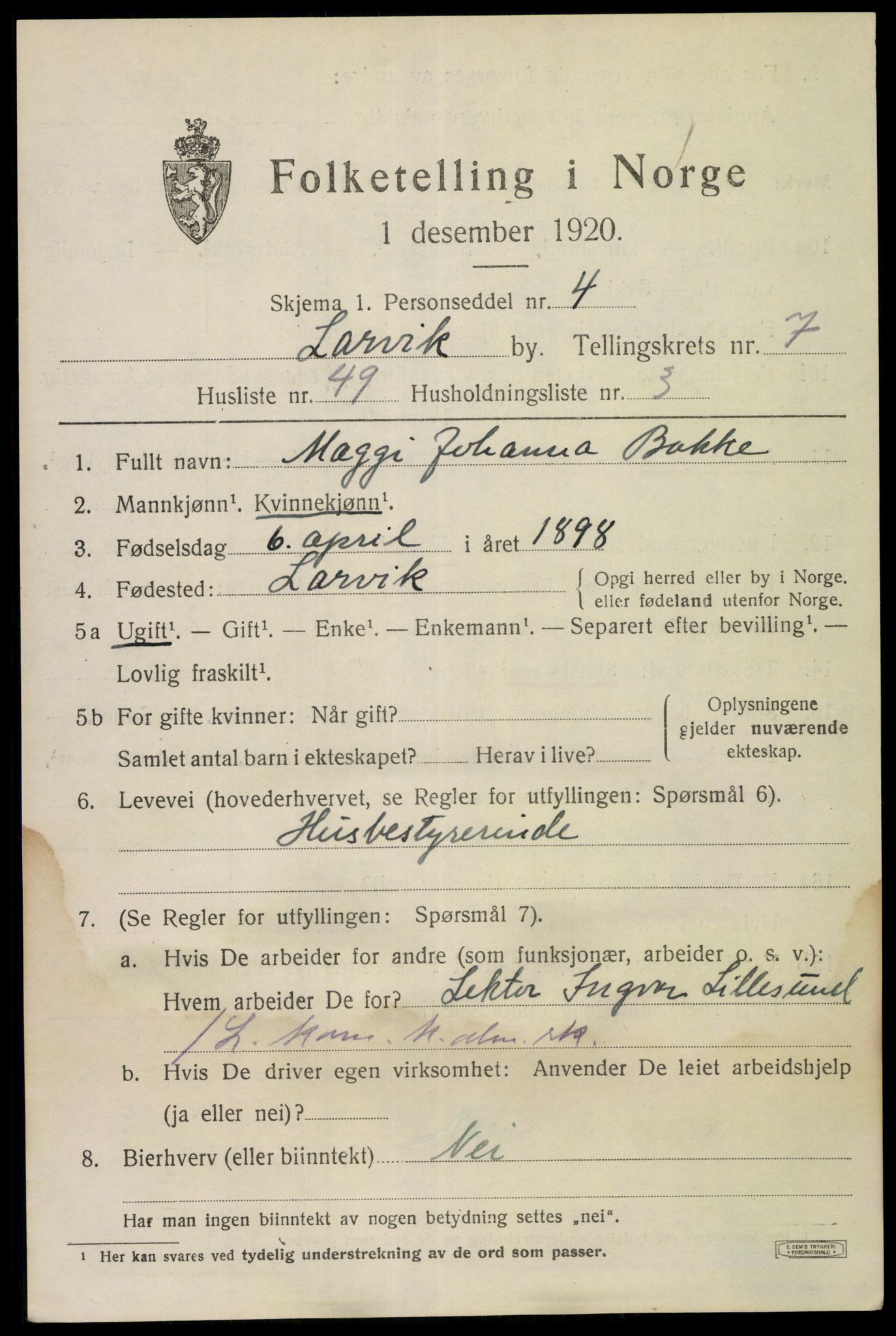 SAKO, 1920 census for Larvik, 1920, p. 21376