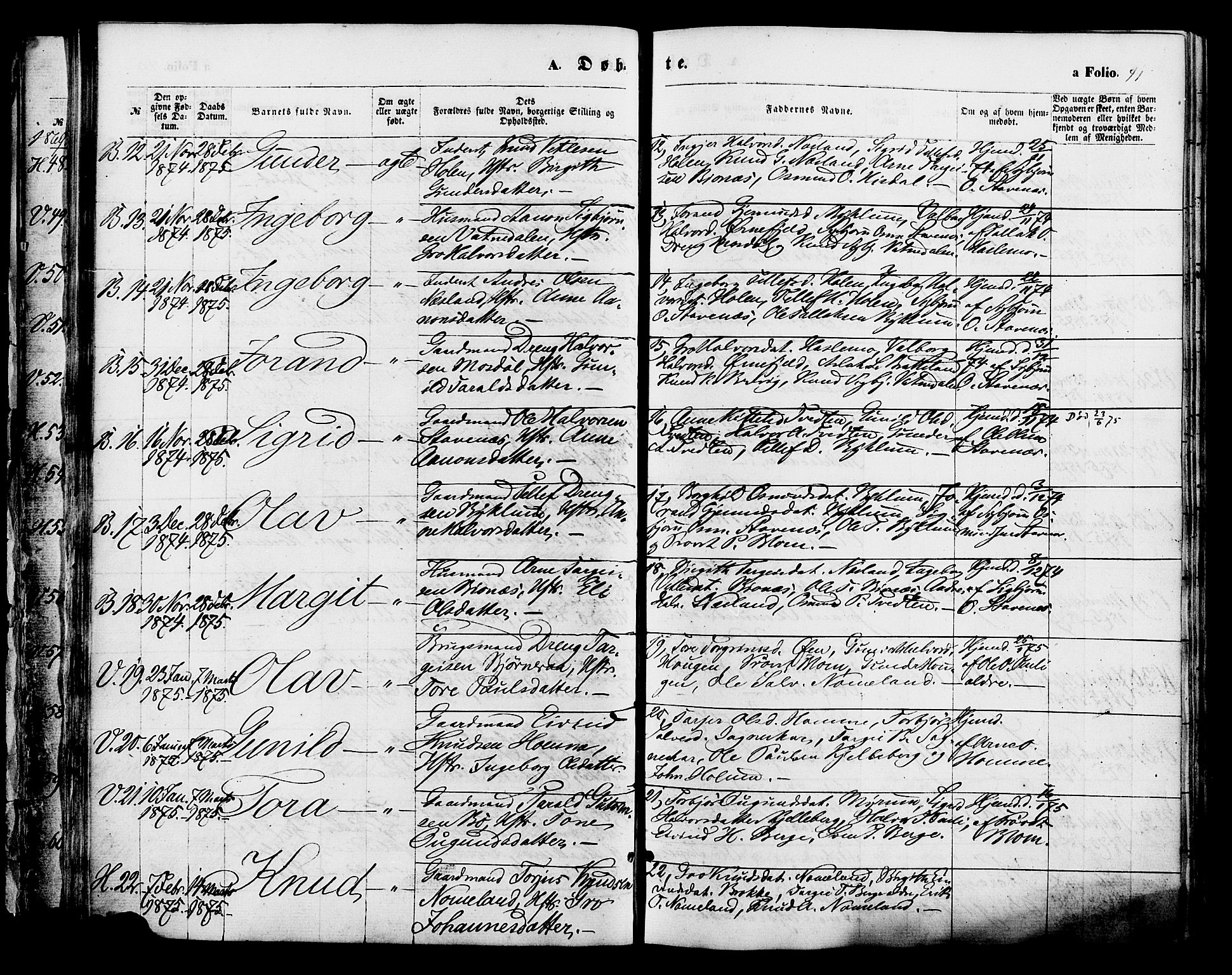 Valle sokneprestkontor, AV/SAK-1111-0044/F/Fa/Fac/L0008: Parish register (official) no. A 8, 1868-1882, p. 41