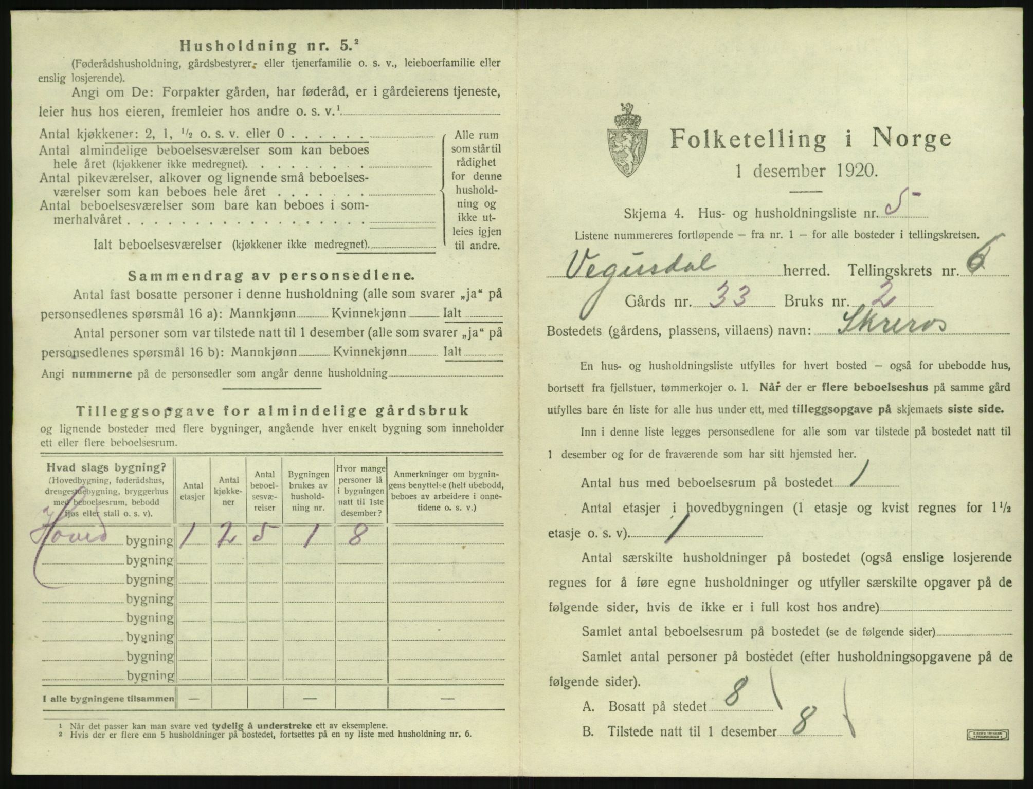 SAK, 1920 census for Vegusdal, 1920, p. 245