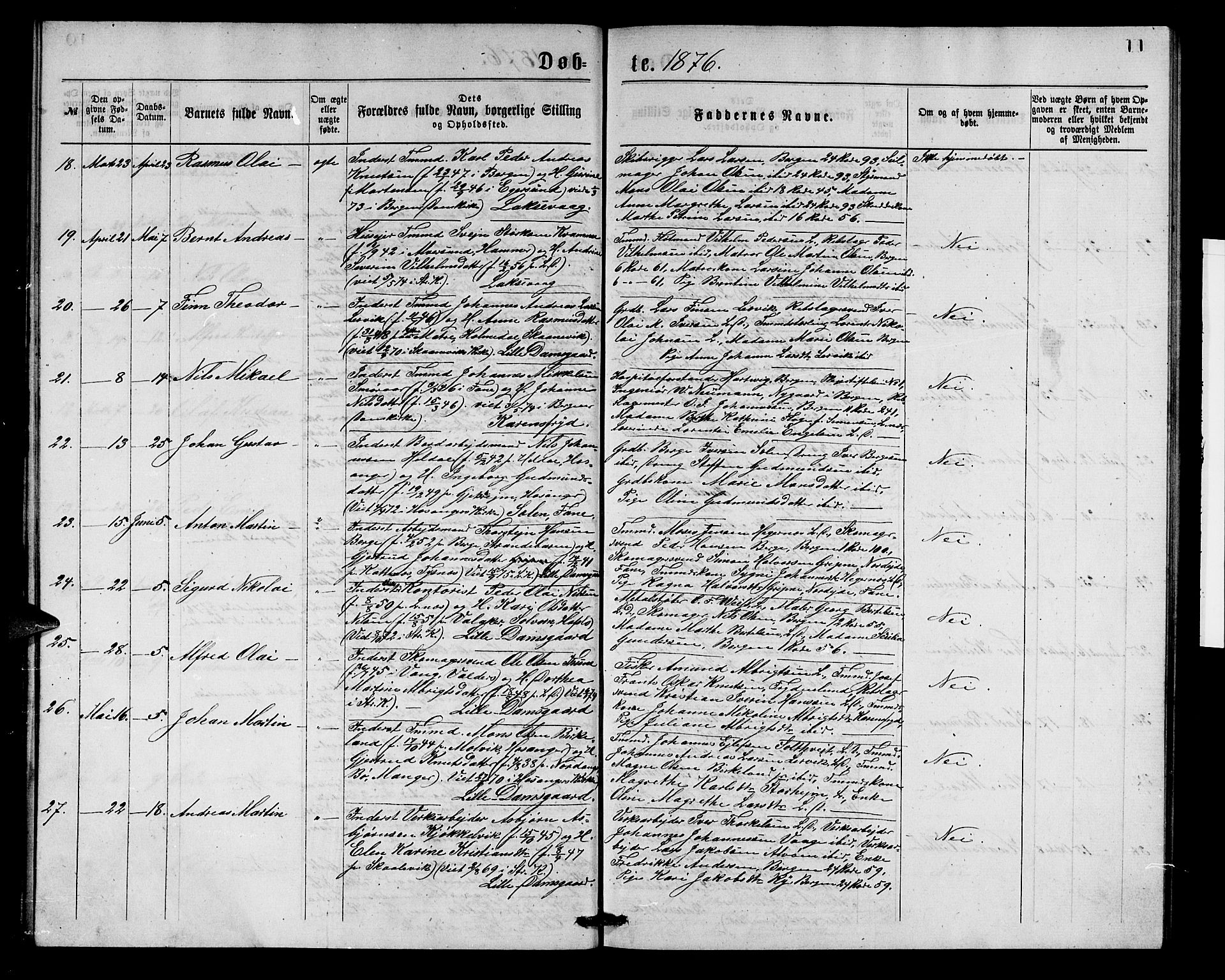 Laksevåg Sokneprestembete, AV/SAB-A-76501/H/Ha/Hab/Haba/L0001: Parish register (copy) no. A 1, 1875-1877, p. 11