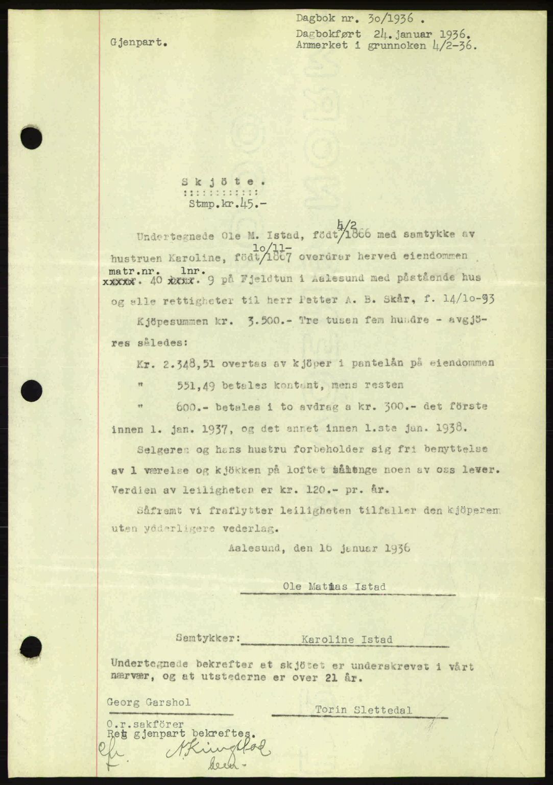 Ålesund byfogd, AV/SAT-A-4384: Mortgage book no. 34 I, 1936-1938, Diary no: : 30/1936