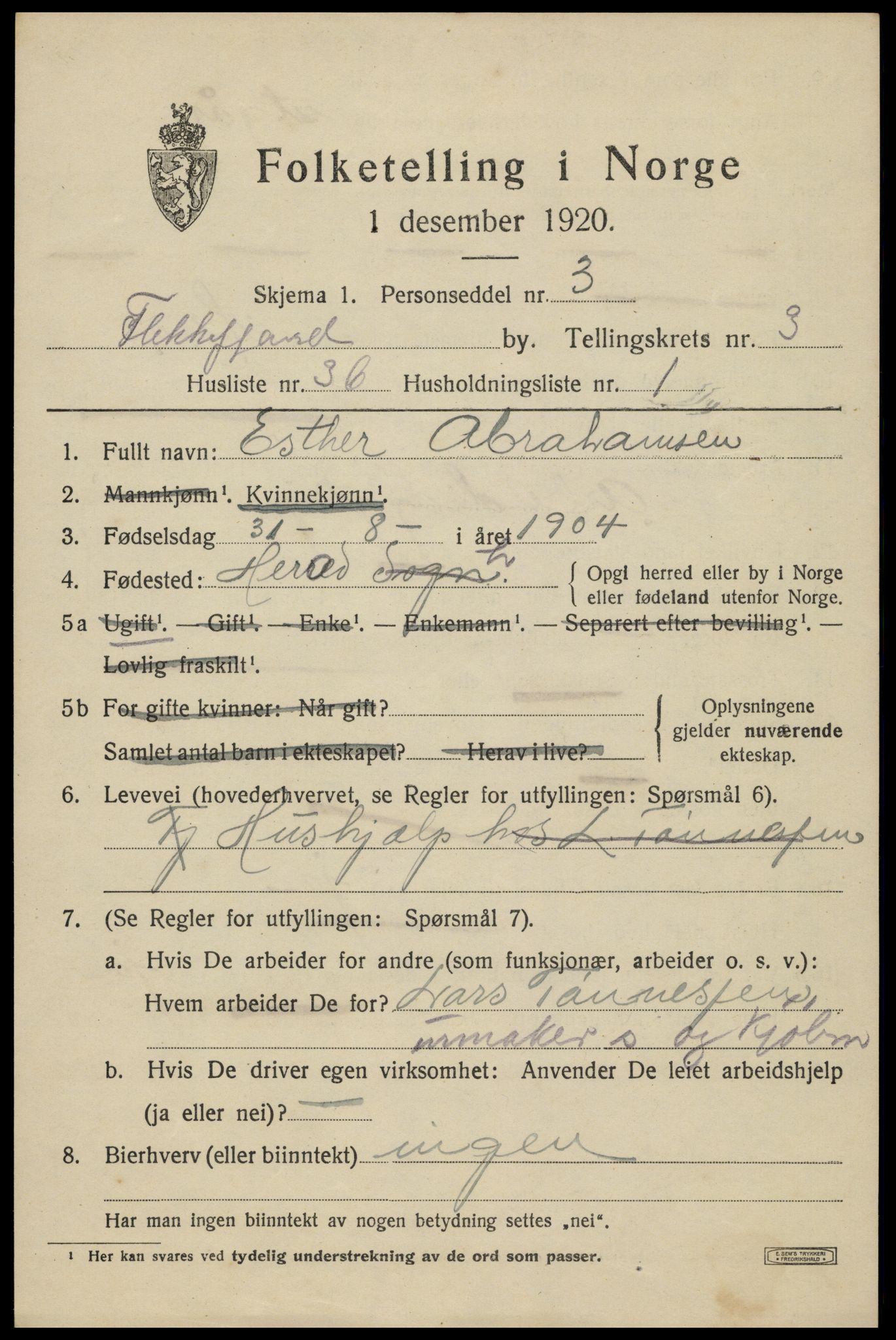 SAK, 1920 census for Flekkefjord, 1920, p. 3824