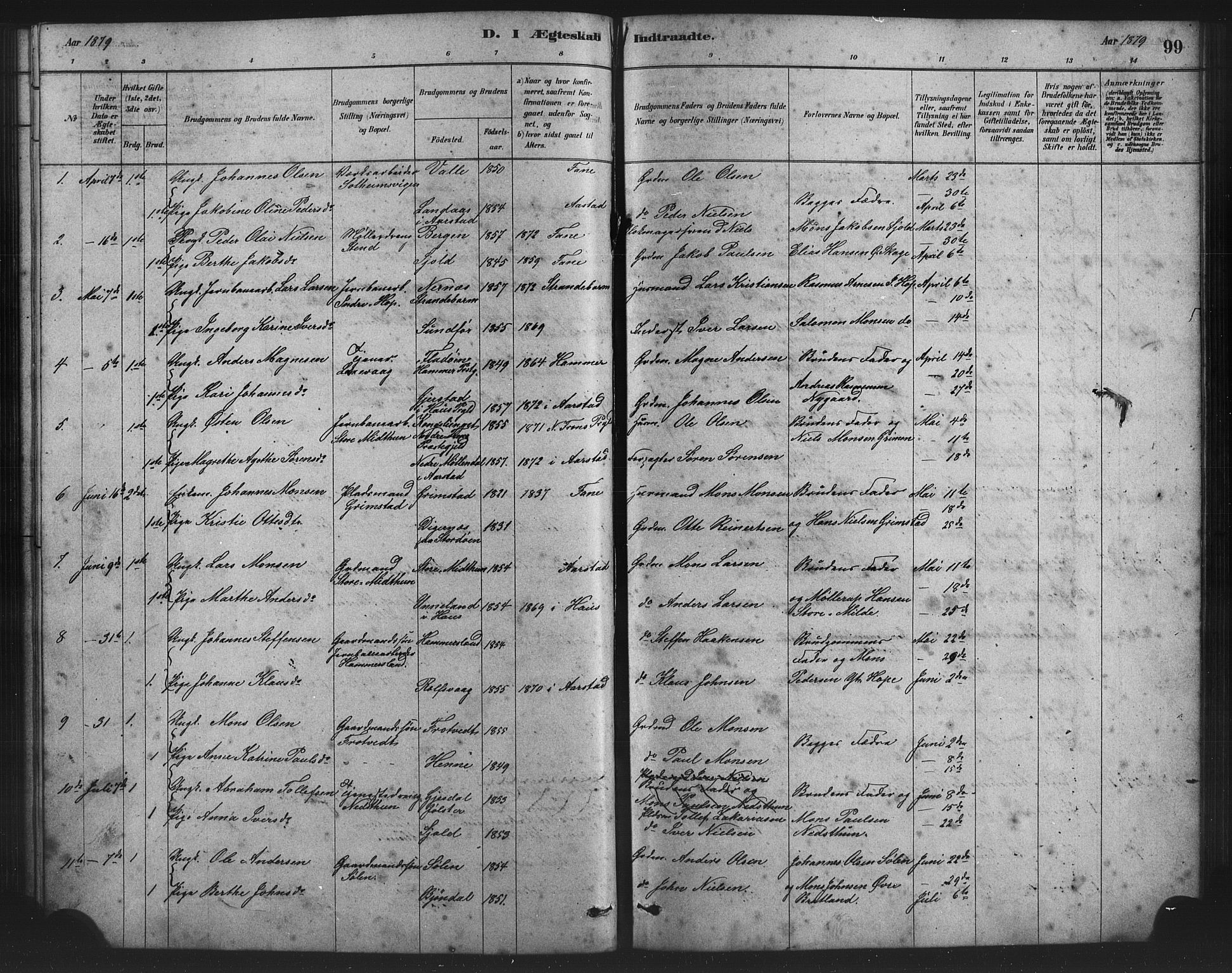 Birkeland Sokneprestembete, SAB/A-74601/H/Hab: Parish register (copy) no. A 3, 1877-1887, p. 99