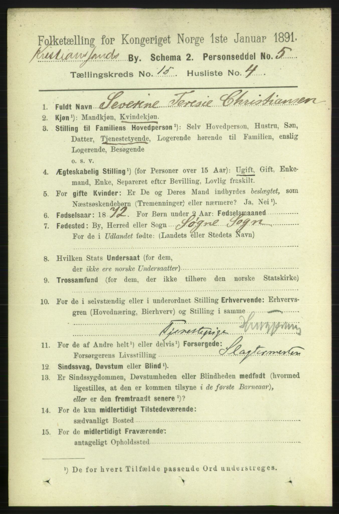 RA, 1891 census for 1001 Kristiansand, 1891, p. 6337