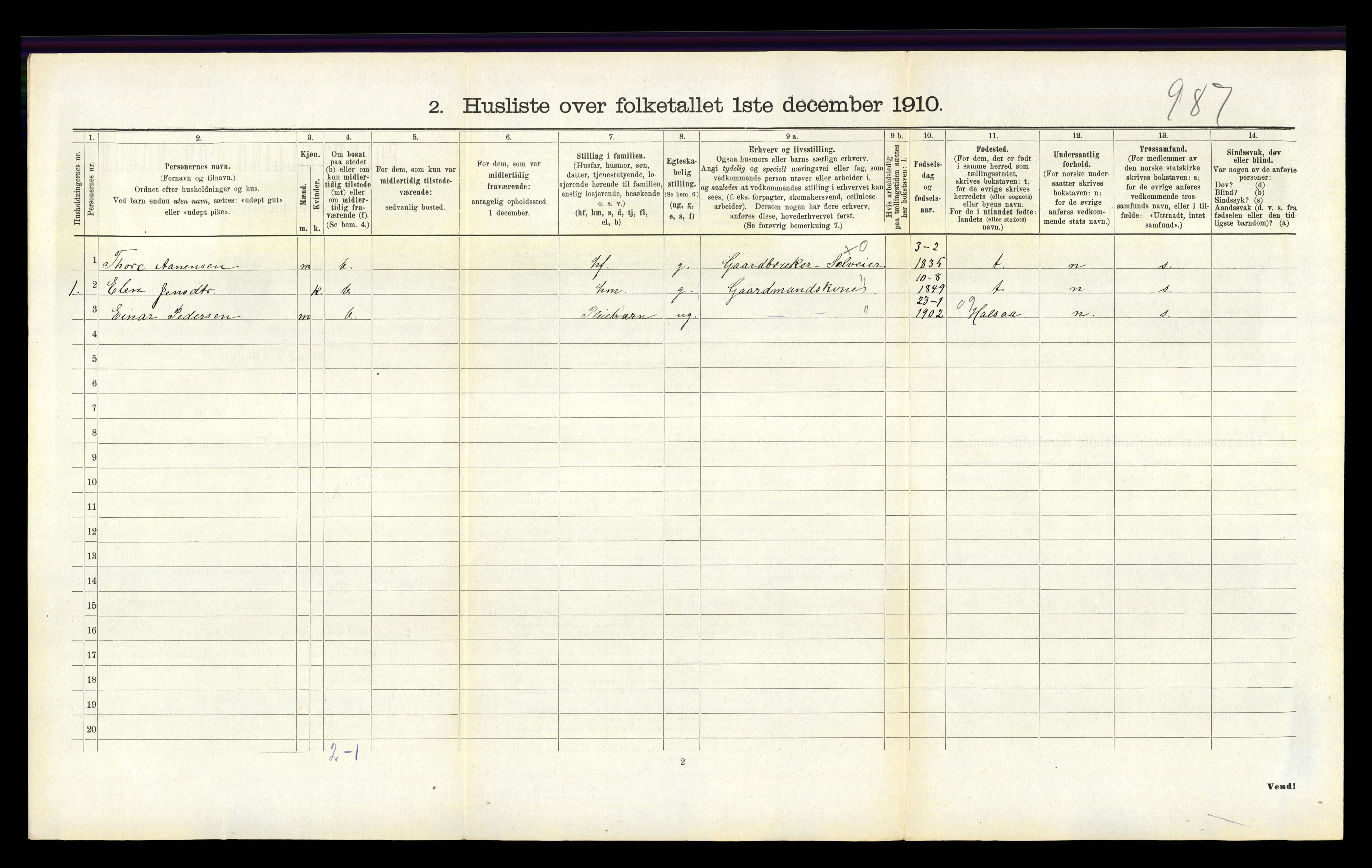 RA, 1910 census for Holum, 1910, p. 527