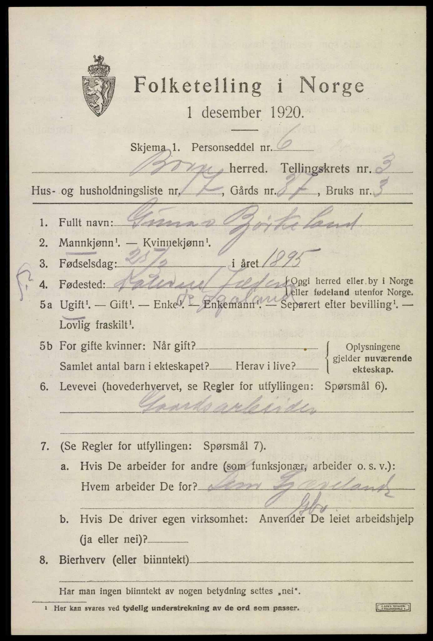 SAKO, 1920 census for Borre, 1920, p. 6228