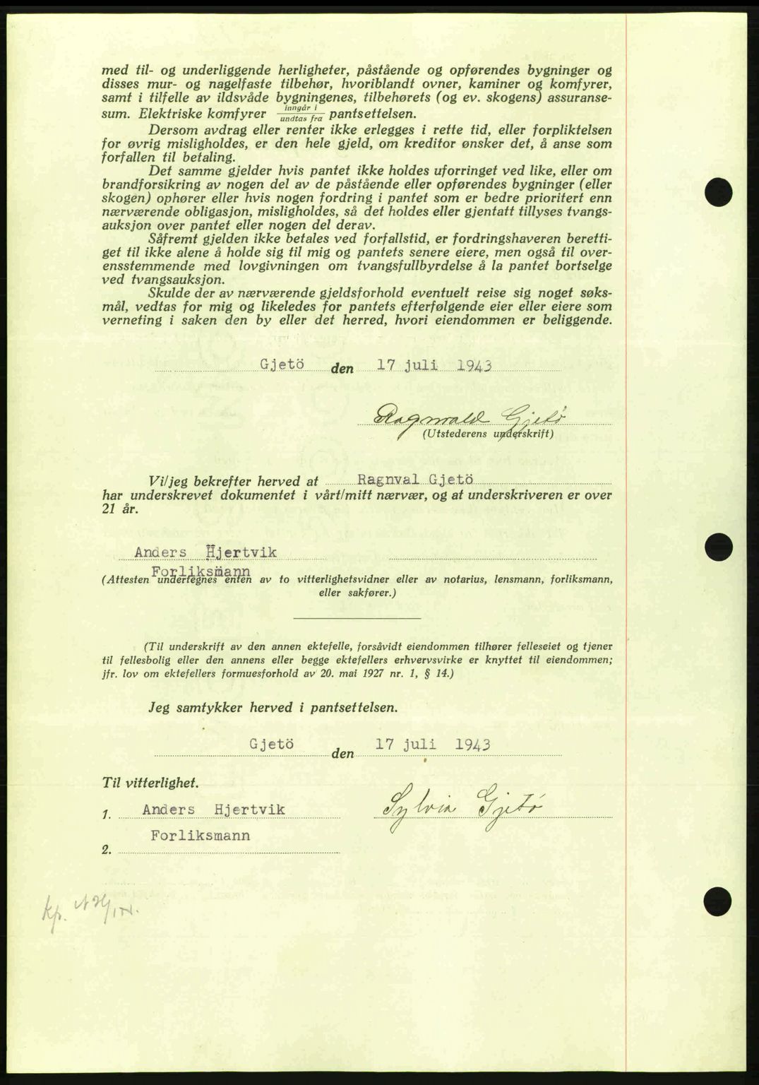 Nordmøre sorenskriveri, AV/SAT-A-4132/1/2/2Ca: Mortgage book no. B91, 1943-1944, Diary no: : 1914/1943