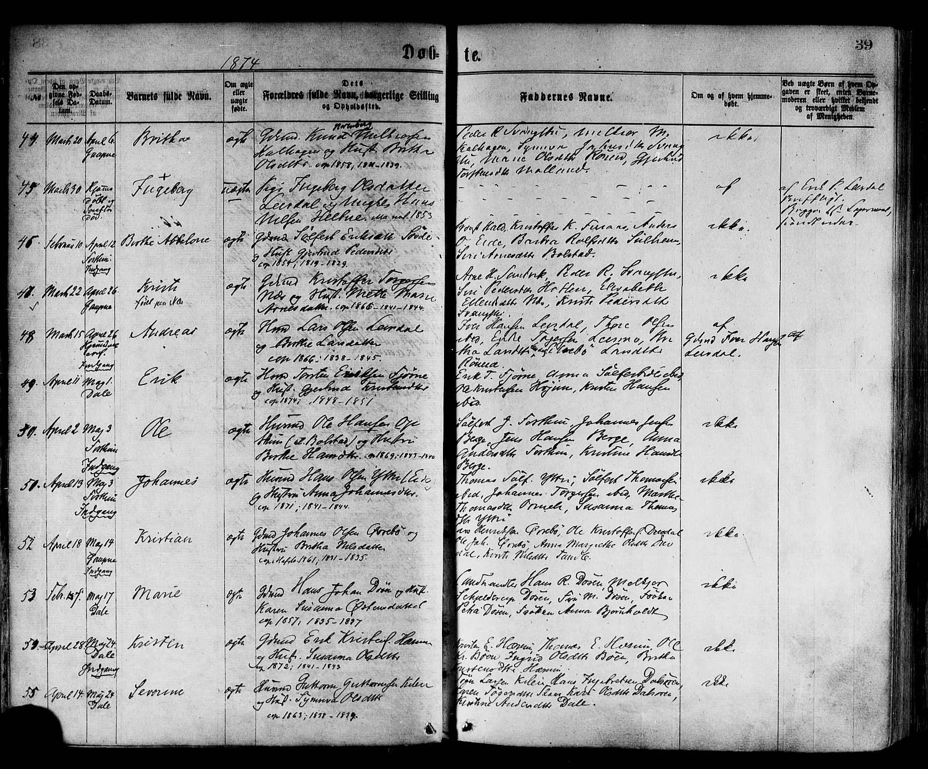 Luster sokneprestembete, AV/SAB-A-81101/H/Haa/Haaa/L0010: Parish register (official) no. A 10, 1871-1886, p. 39