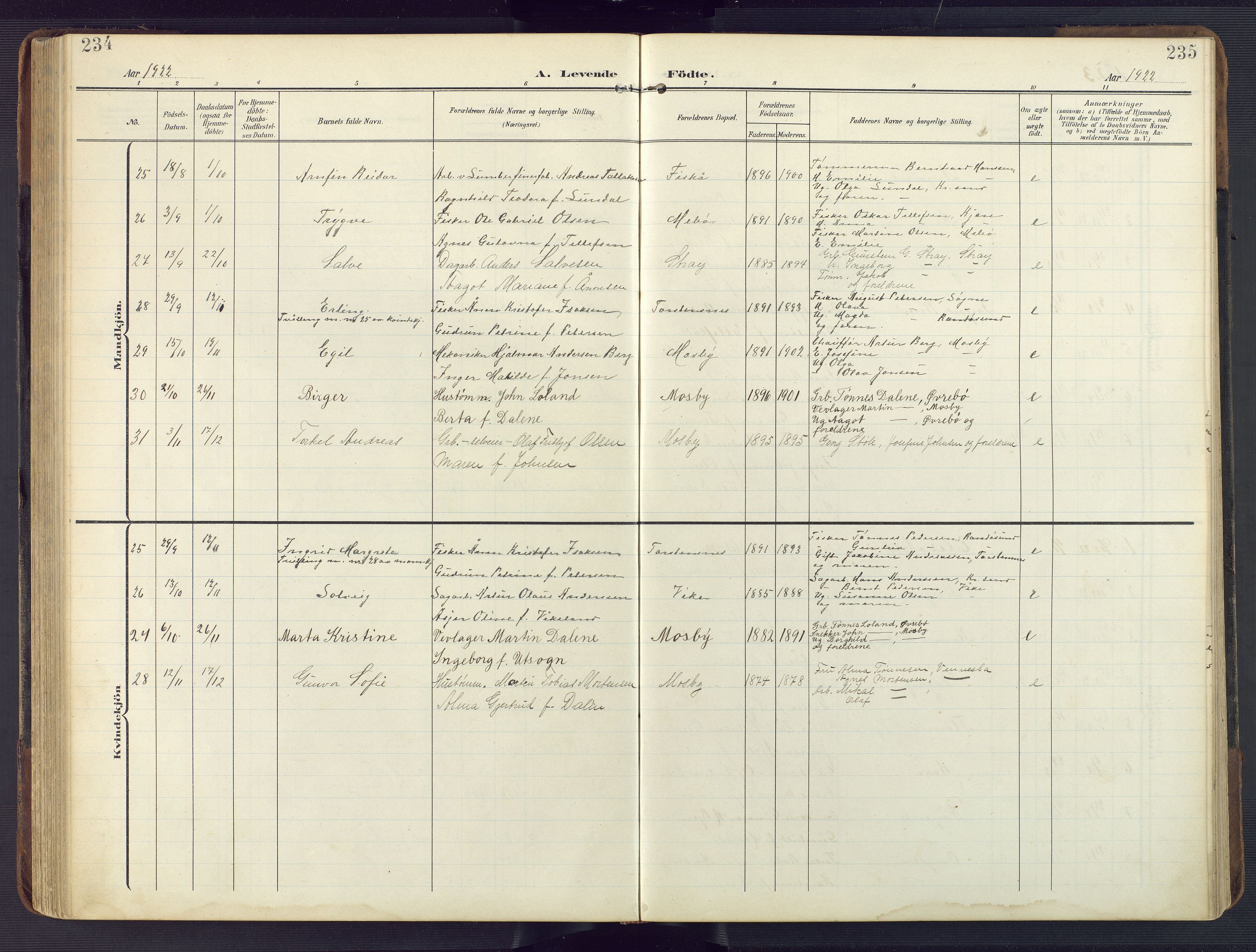 Oddernes sokneprestkontor, AV/SAK-1111-0033/F/Fb/Fba/L0010: Parish register (copy) no. B 10, 1907-1941, p. 234-235