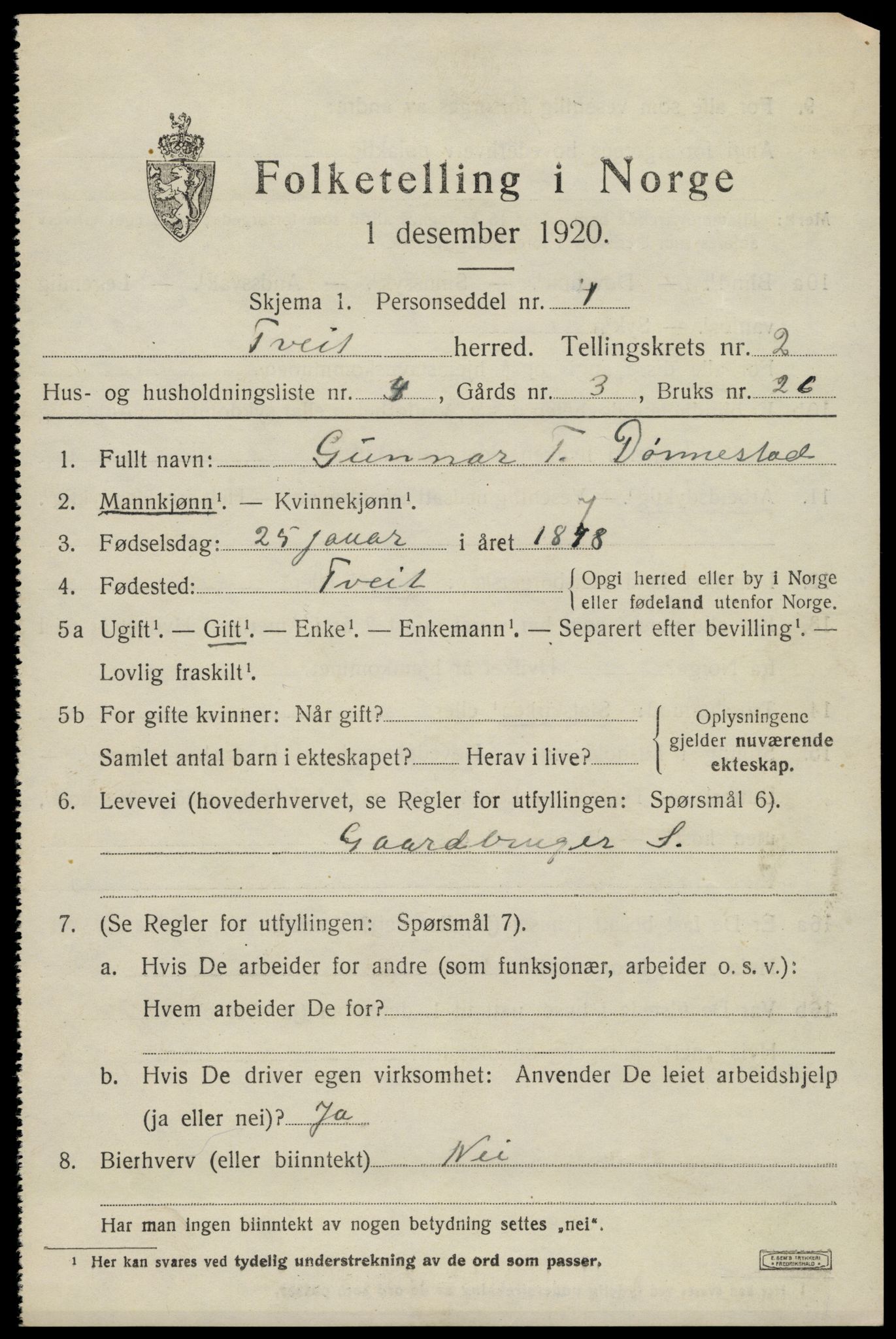 SAK, 1920 census for Tveit, 1920, p. 1250