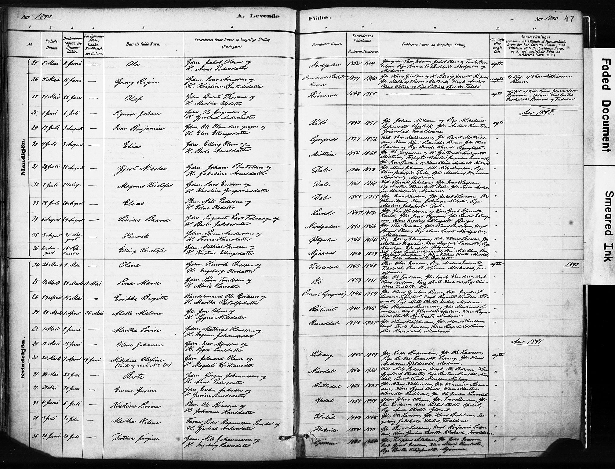 Gulen sokneprestembete, AV/SAB-A-80201/H/Haa/Haab/L0001: Parish register (official) no. B 1, 1881-1905, p. 45(v) 47(h)