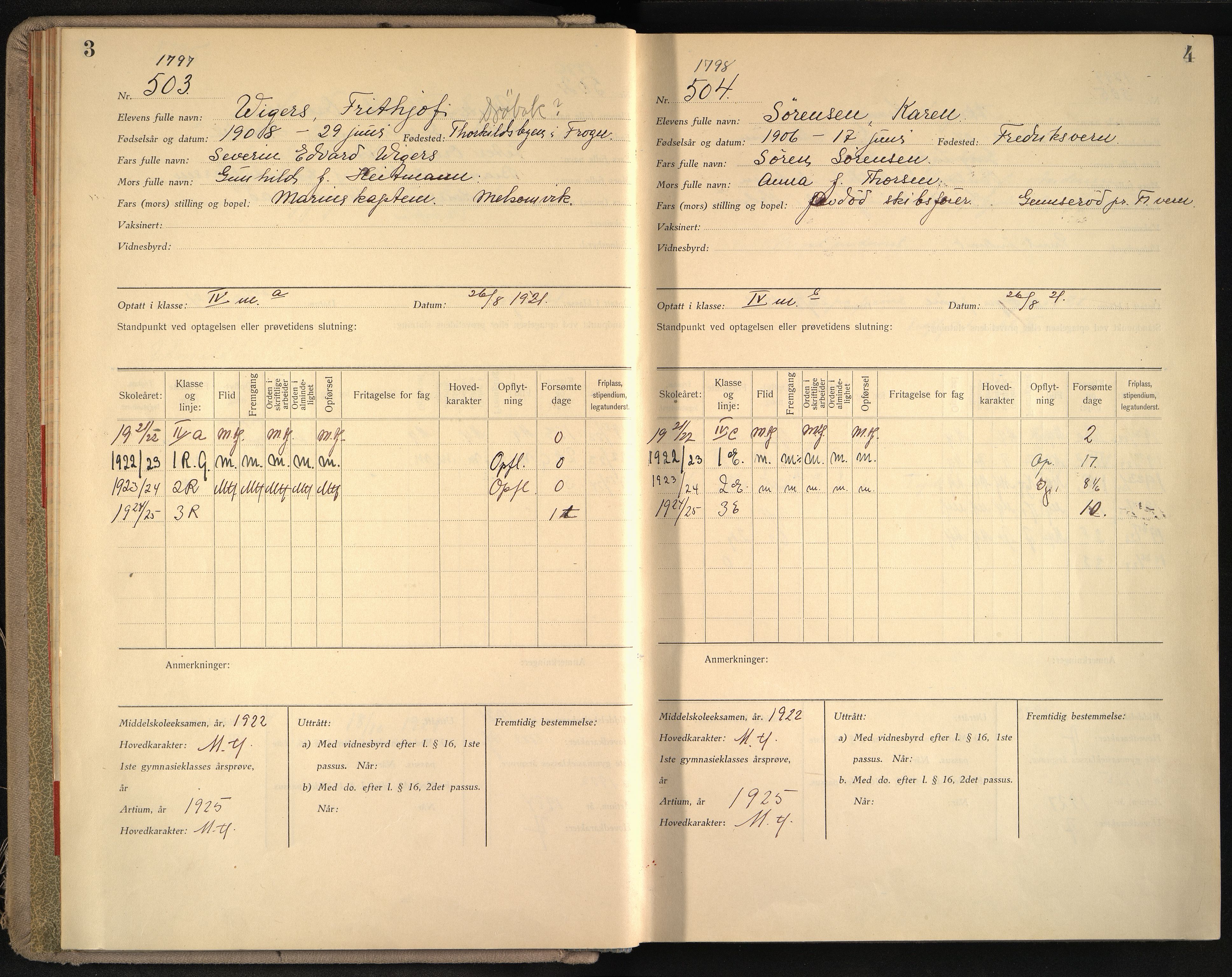 Vestfold fylkeskommune. Thor Heyerdahl videregående skole før 2004, VEMU/A-1120/G/L0010: Manntallsprotokoll med karakterer i orden og oppførsel, 1921-1927, p. 3-4