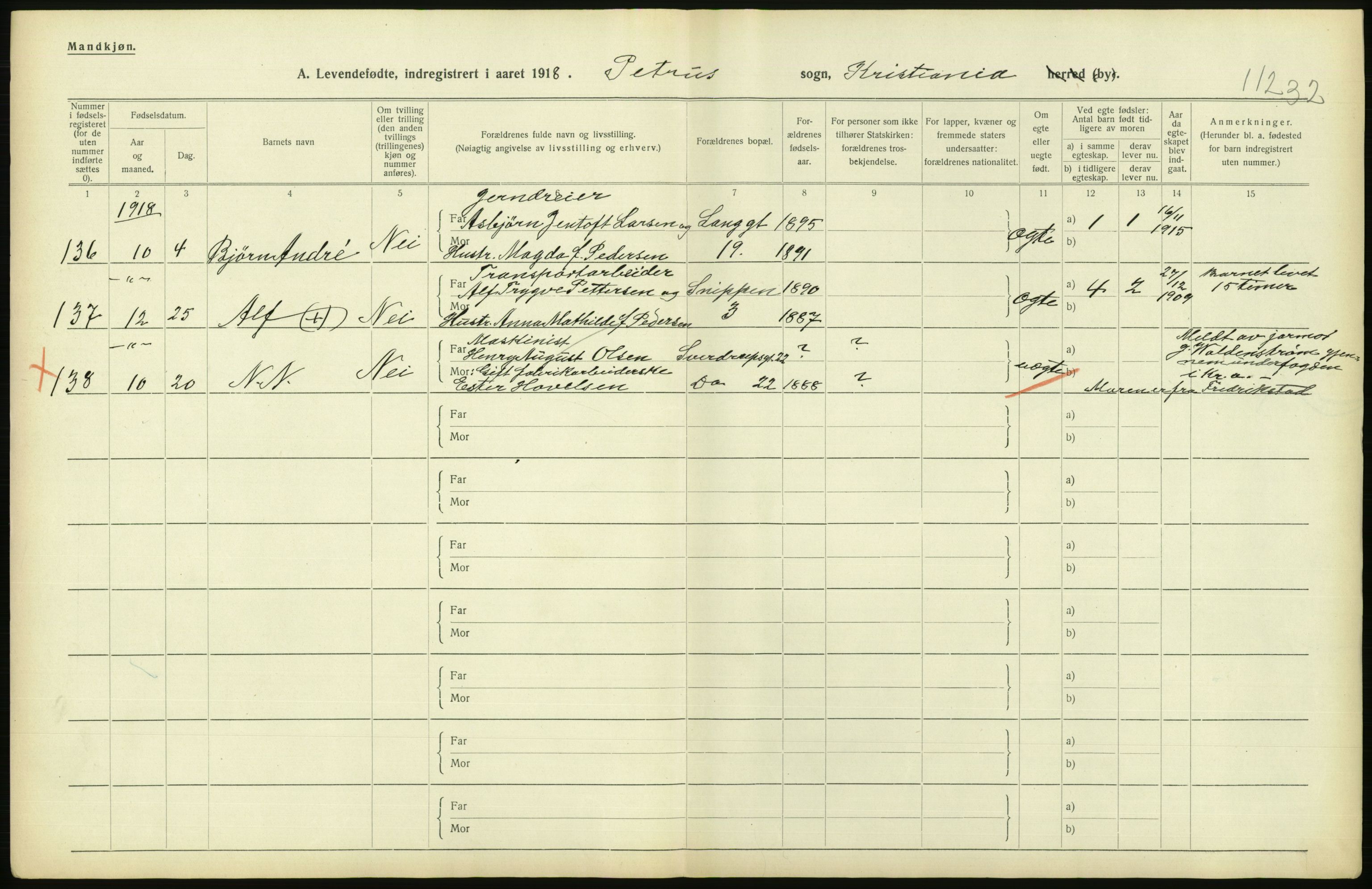 Statistisk sentralbyrå, Sosiodemografiske emner, Befolkning, AV/RA-S-2228/D/Df/Dfb/Dfbh/L0008: Kristiania: Levendefødte menn og kvinner., 1918, p. 620