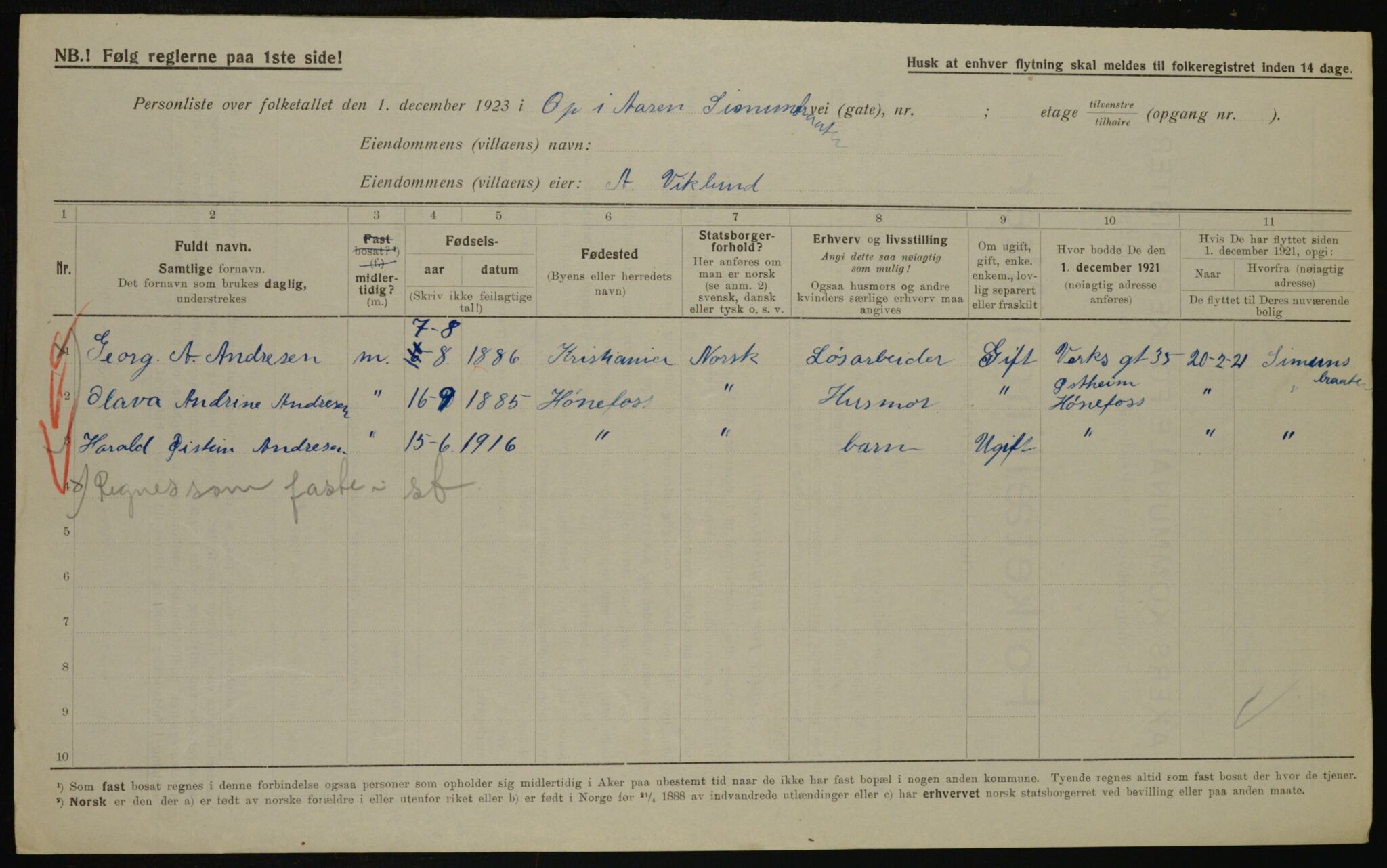 , Municipal Census 1923 for Aker, 1923, p. 45314